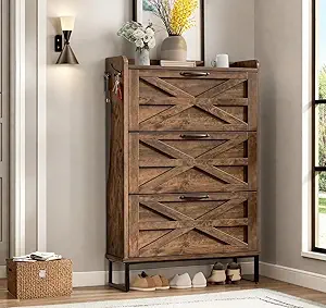 DWVO Farmhouse Shoe Storage Cabinet with 3 Flip Drawers, Slim Shoe Cabinet for Up to 24 Pairs, Narrow Shoe Rack for Entryway, Living Room, Hallway (Rustic Brown)