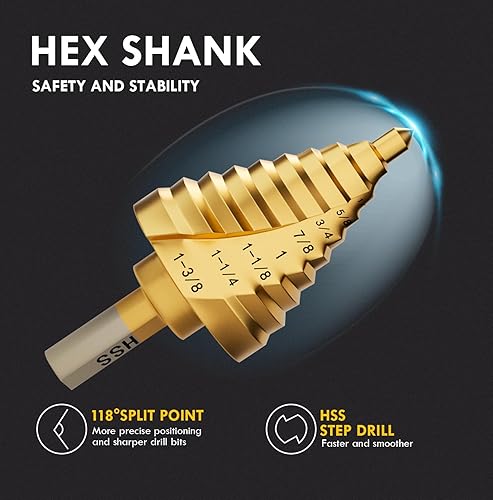 Miniatura 2 de Juego de brocas escalonadas, 316" a 1-38", vástago hexagonal de 38" de acero de alta velocidad para acero inoxidable, metal, aluminio, cobre,