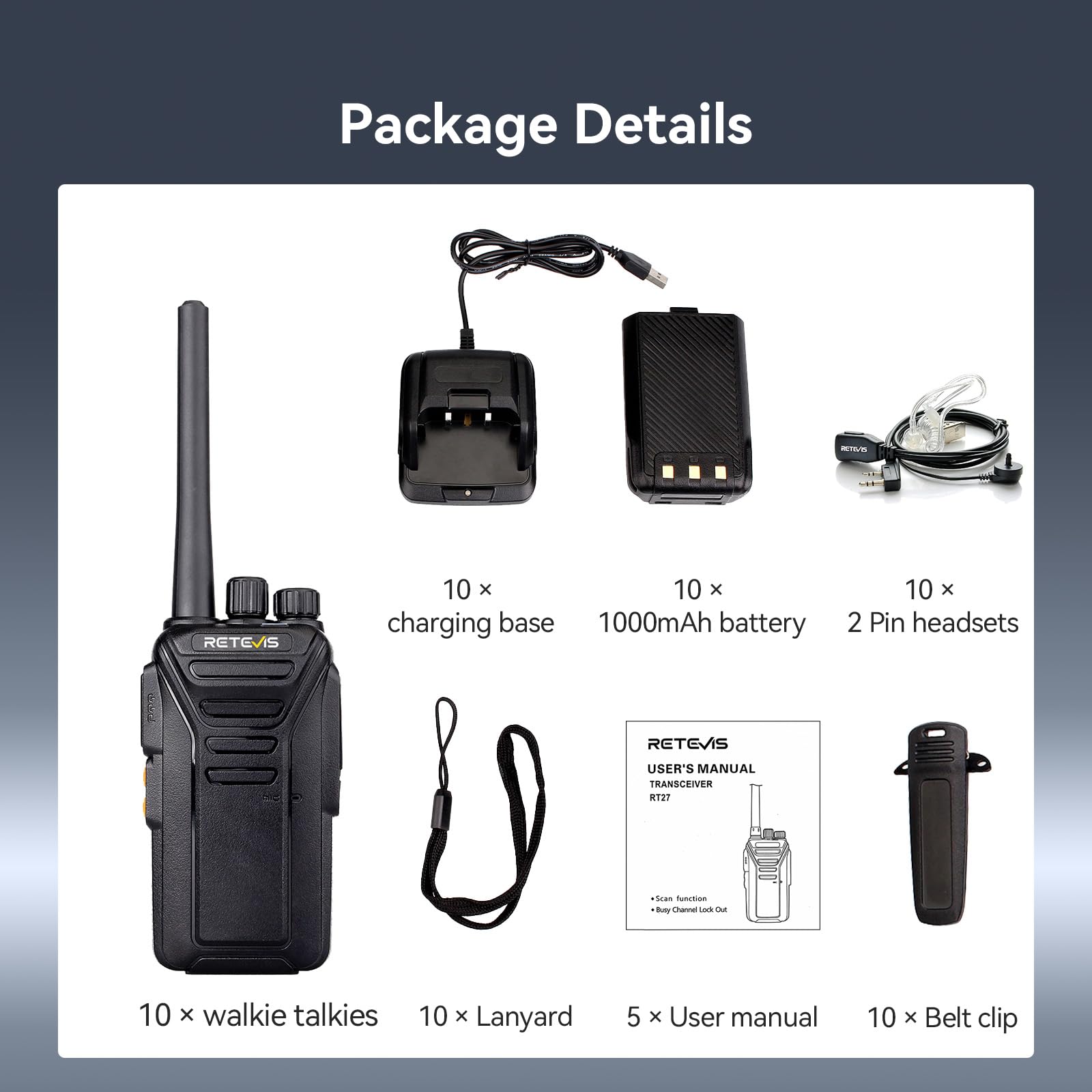 Retevis RT27 Funkgerät, PMR Walkie Talkie, 16 Kanäle USB Ladeschale, CTCSS/DCS VOX Notanruf, Funkgeräte Set mit Headset für Sicherheitsdienst, Schule (10 Stück, Schwarz)