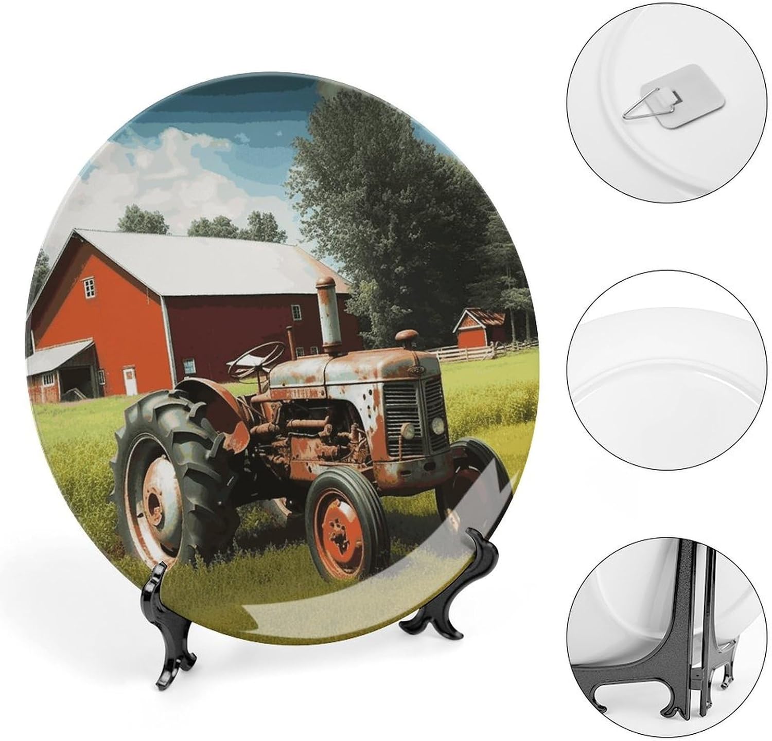 Company Farm Tractor Bone China Decorative Plate with Display Stand, Ceramic Ornaments Plate for Wall Hanging, Personalized Porcelain Plates for Office, Living Room 10inch