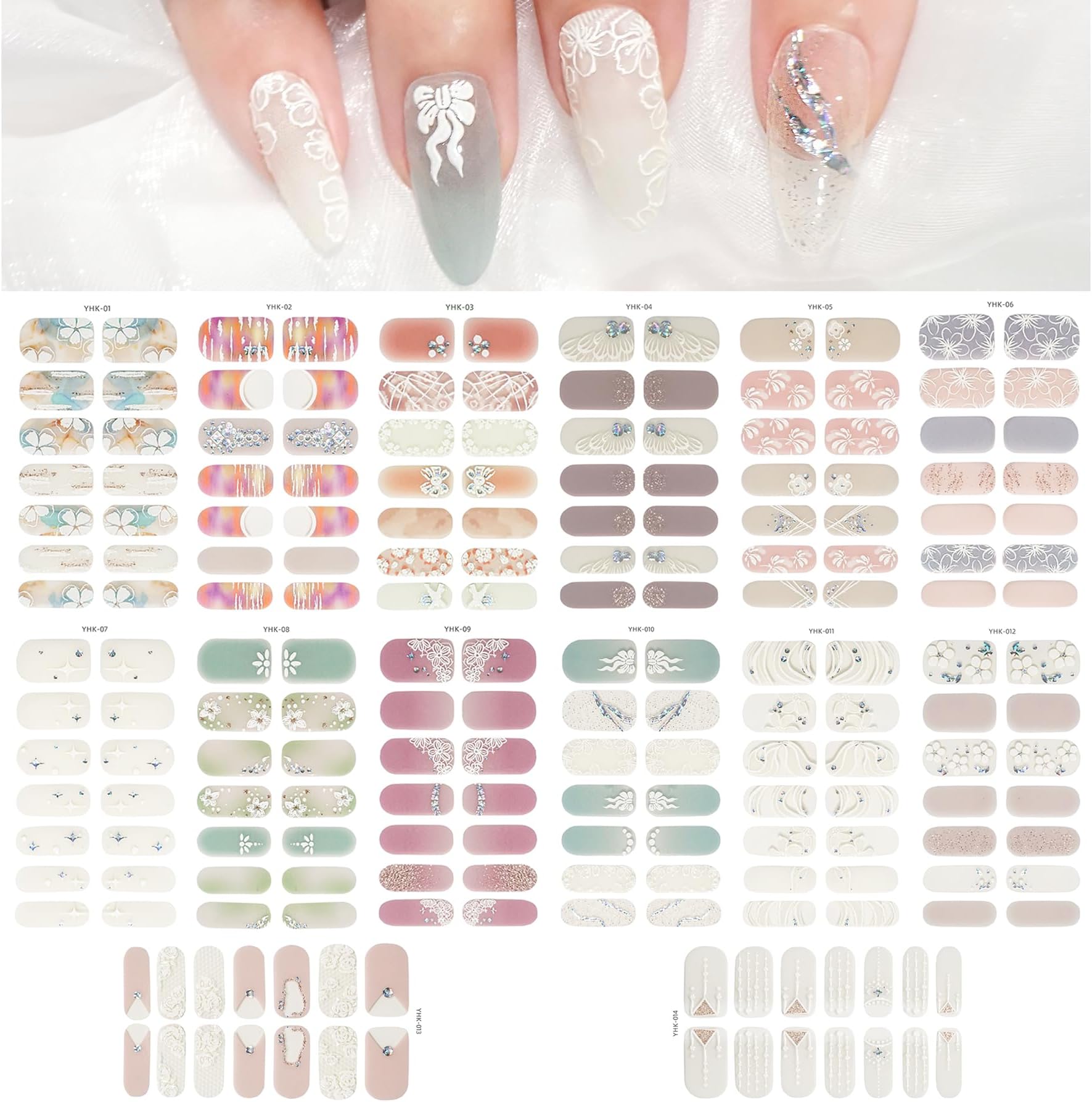 MWOOT 14 Sheets 3D Nail Art Stickers, Nail Strips Wrap, Sticker Nails Design Nail Decal, Flower Nail Stickers Stick on Nails for Women, Fingernail Stickers Decoración de Uñas, Cute Floral Nail Decals