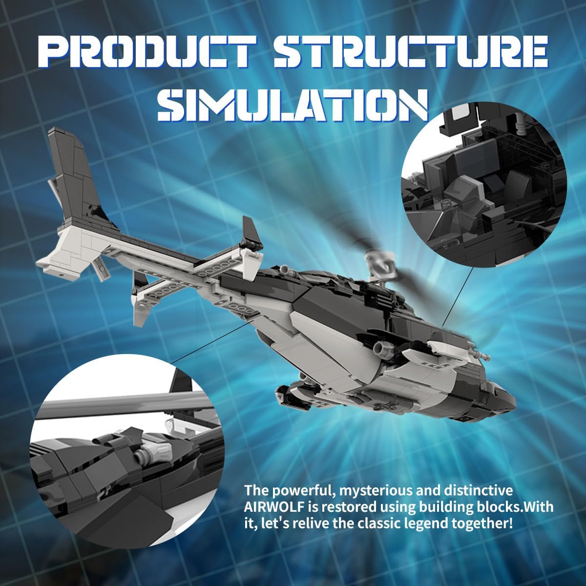 FLYWING FW450L Air- Wolf Building Blocks Model with Stand, 1039PCS MOC Creative Military Helicopter Assembly Display Model, Collectible Gifts Set for Adults, MOC-149250