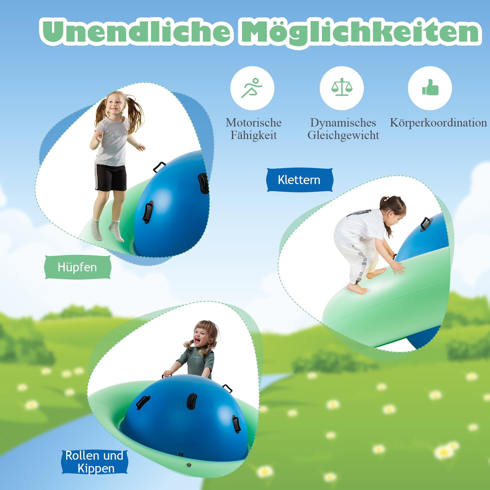 DREAMADE 233cm Kuppelwippe aufblasbar, Spielwippe mit 6 Griffen, aufblasbar Kletterkuppel für 3 Kinder ab 5 Jahren, bis zu 113kg, für Hinterhof Garten (Blau + Grün, φ 223)