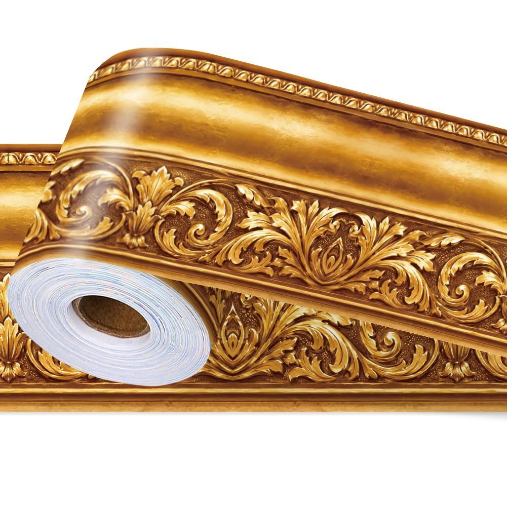 PRESSINART Vintage Frame Bulletin Board Border for Wallpaper 196.9" x 3.9" Gold Frame Border Trim Retro Floral Decorative PVC Molding Mirror Trim Wallpaper for Bathroom Kitchen Backsplash Home Decor