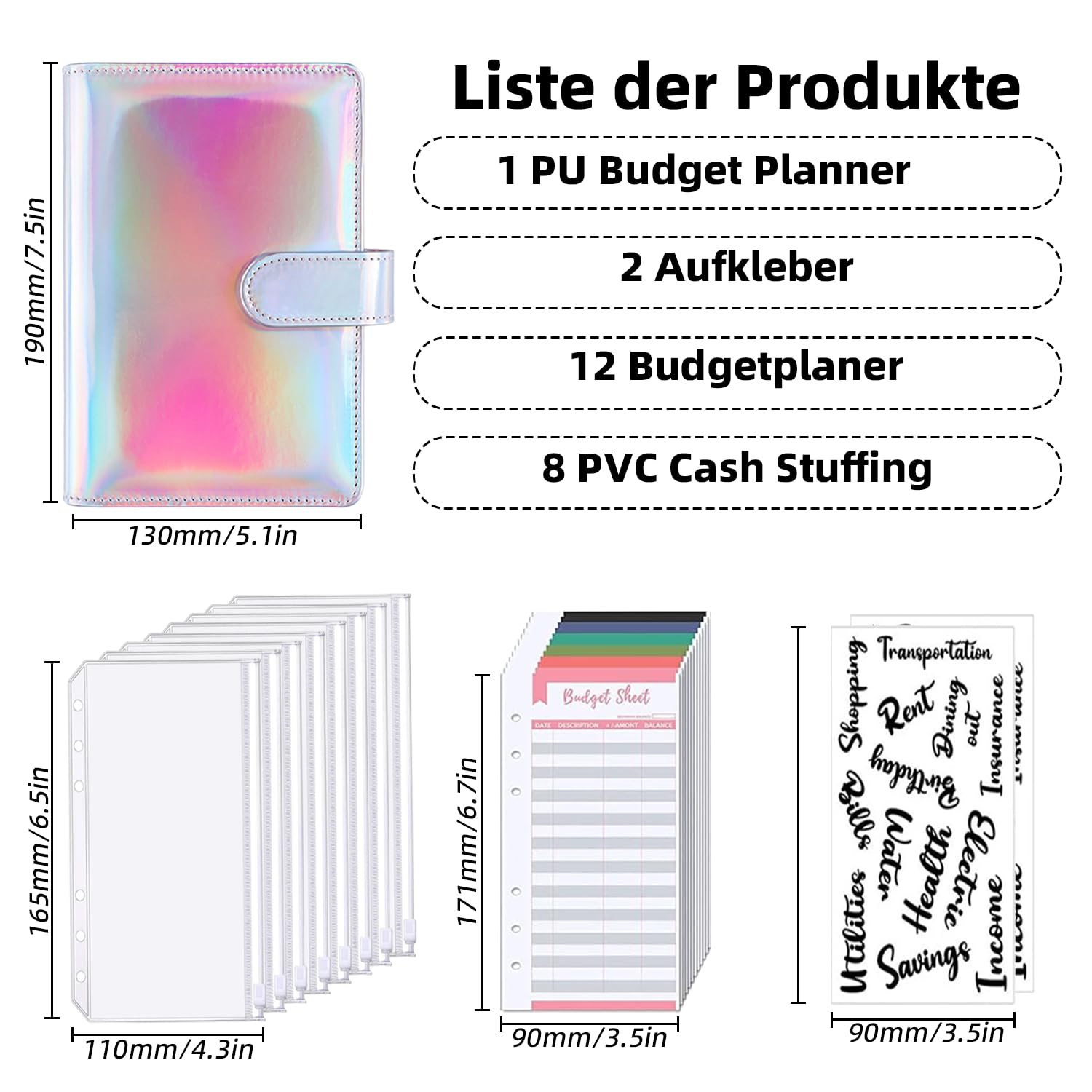 A6 Binder Budget - Taccuino per la gestione finanziaria, con 8 tasche per rilegatura, 12 fogli di budget, 2 adesivi per la categoria di budget e risparmio (laser argento)