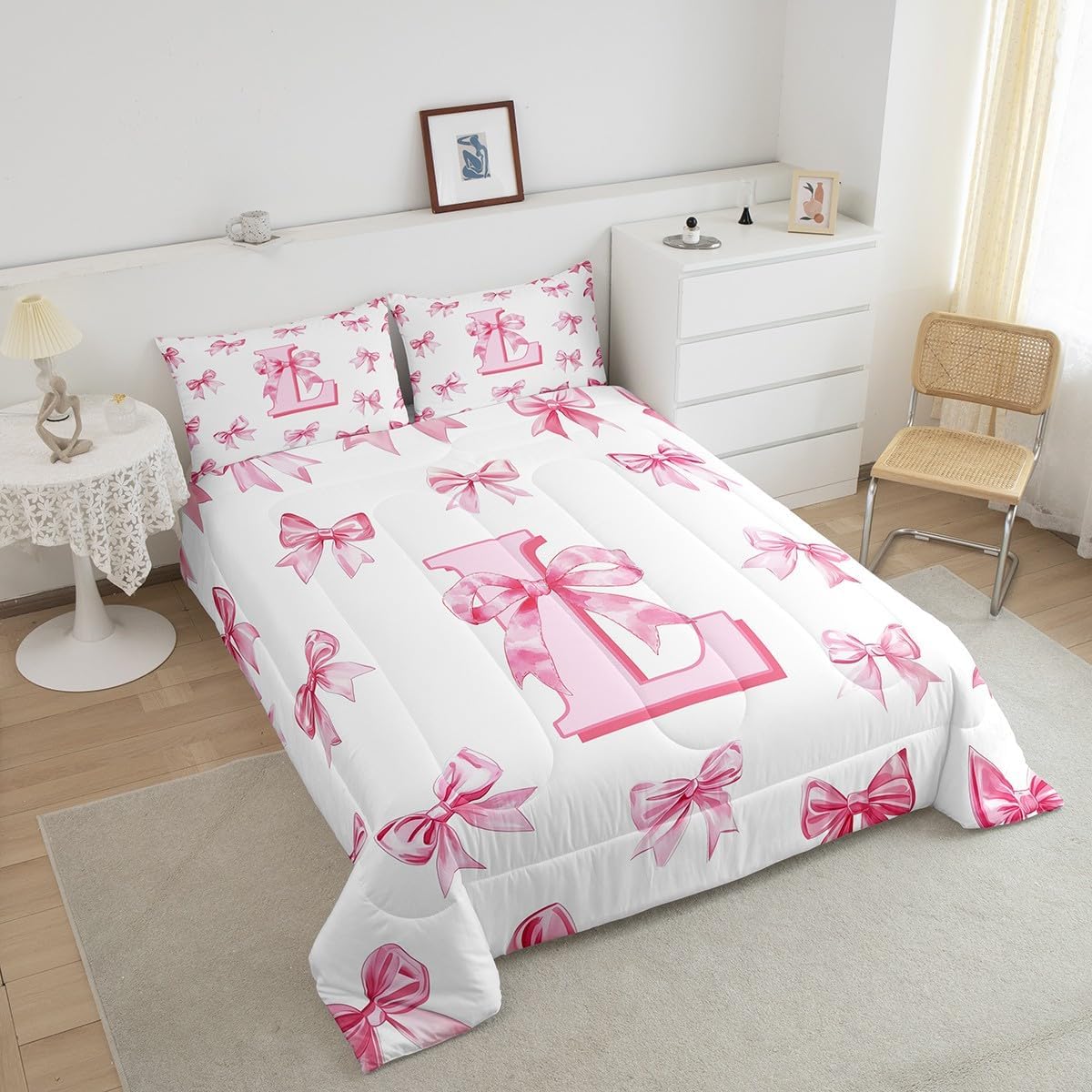 Erosebridal Initial Letter L Comforter Set for Kids Teen Women,Pink Bow Girls Twin Bedding Set Kawaii Girly Bowknot Bedding Comforter Sets Princess Style Romantic Bow Quilt Duvet