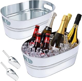 OFFPUFF 2 Pack 4 Gallon Galvanized Ice Buckets with Scoops - Vintage Metal Tubs for Parties, Wine, Beer, Cocktails & Mimosas