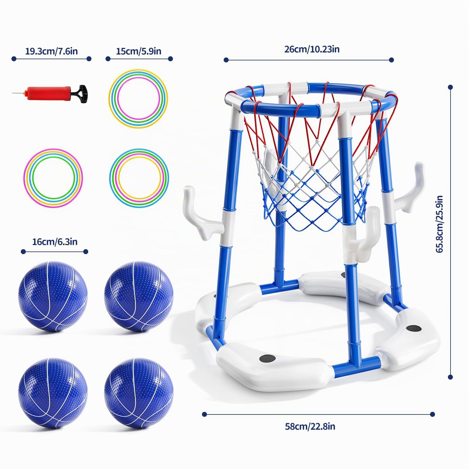 Sitodier Pool-Basketballkorb für Kinder, 2-in-1 schwimmendes Pool-Basketballspielzeug und Ringwurfspiel mit 4 Bällen und Pumpe, Basketballspiele für Kinder und Erwachsene, für drinnen und draußen