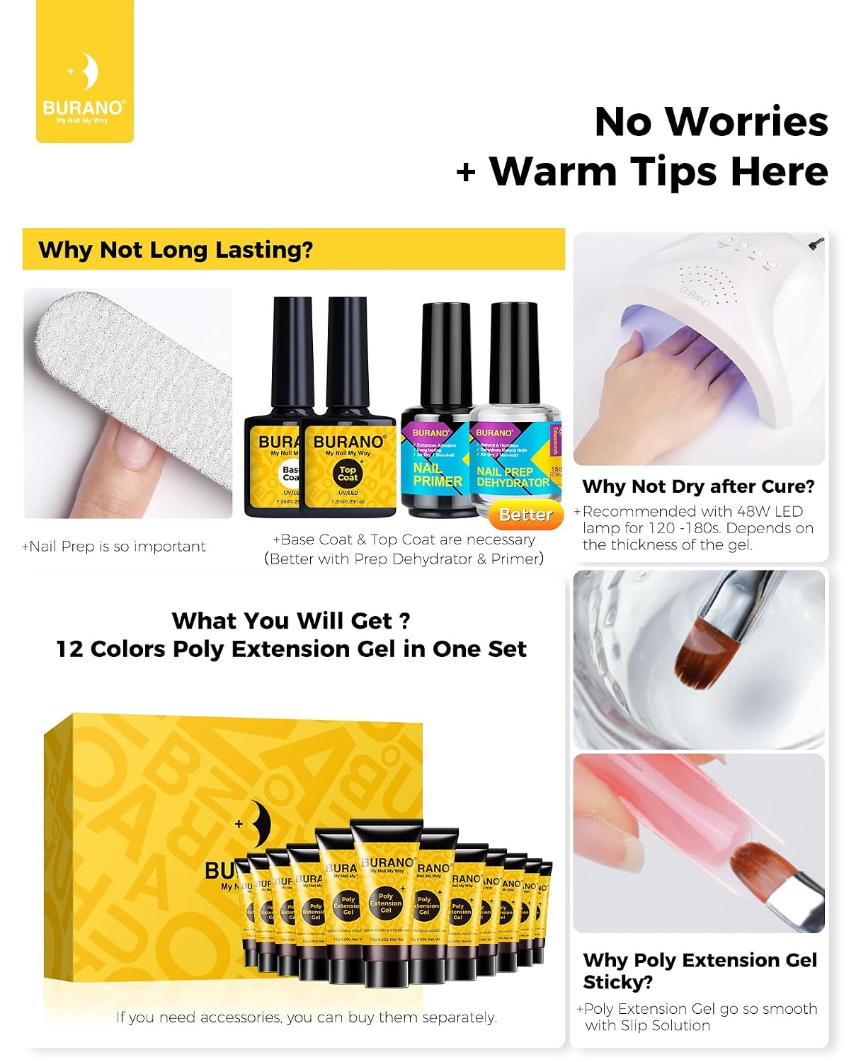 BURANO Poly Nail Gel Set, 12 Colors Nail Poly Nails Extension Gel Kit for Beginner Salon Using Home DIY 15g (kit02, 15g)
