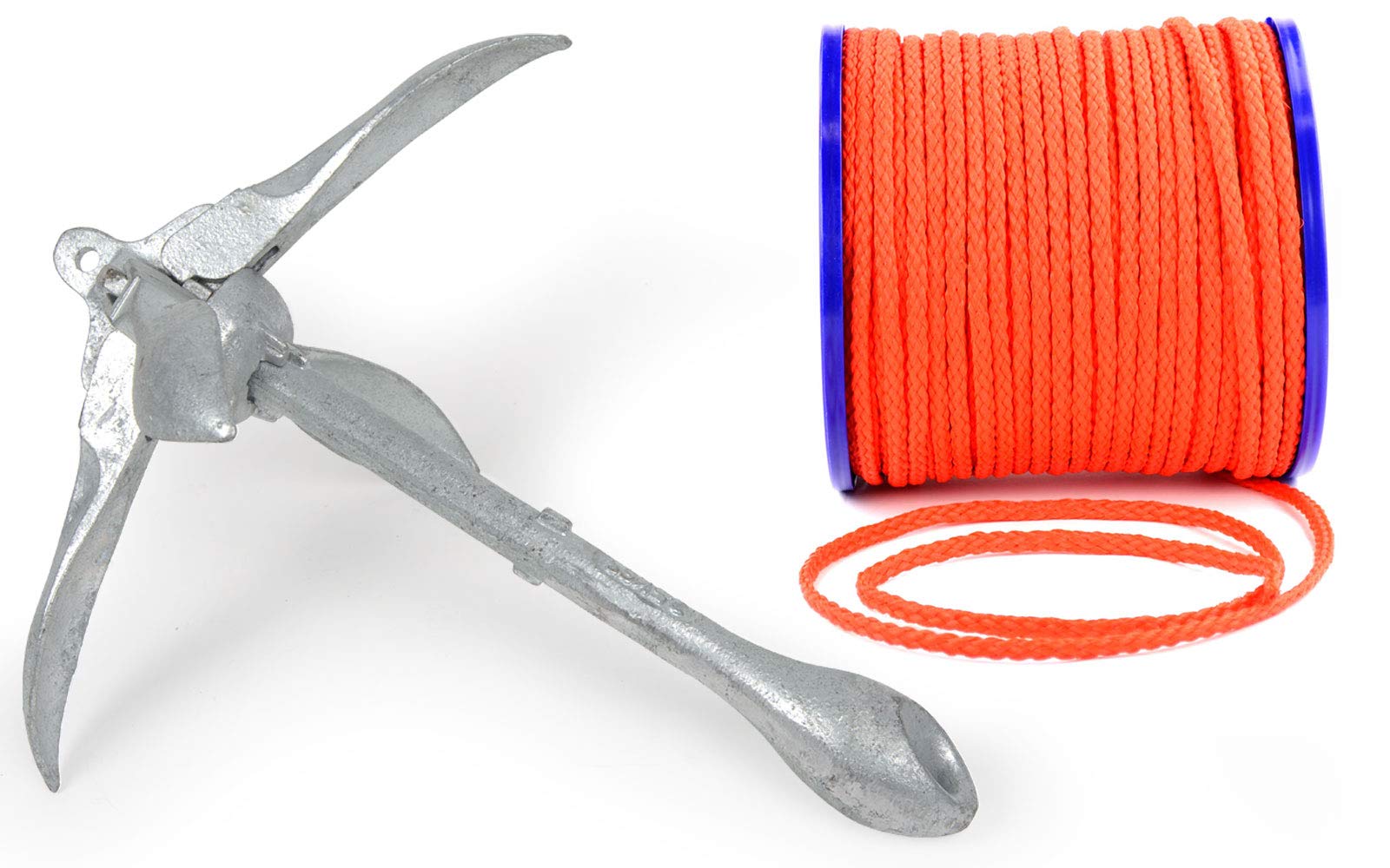 Klapp-Anker + Ankerleine 15 m Ø 8 mm Schwimmfähig Kunststoff Polyethylen PE Orange Faltklappanker Faltanker Stahl Verzinkt