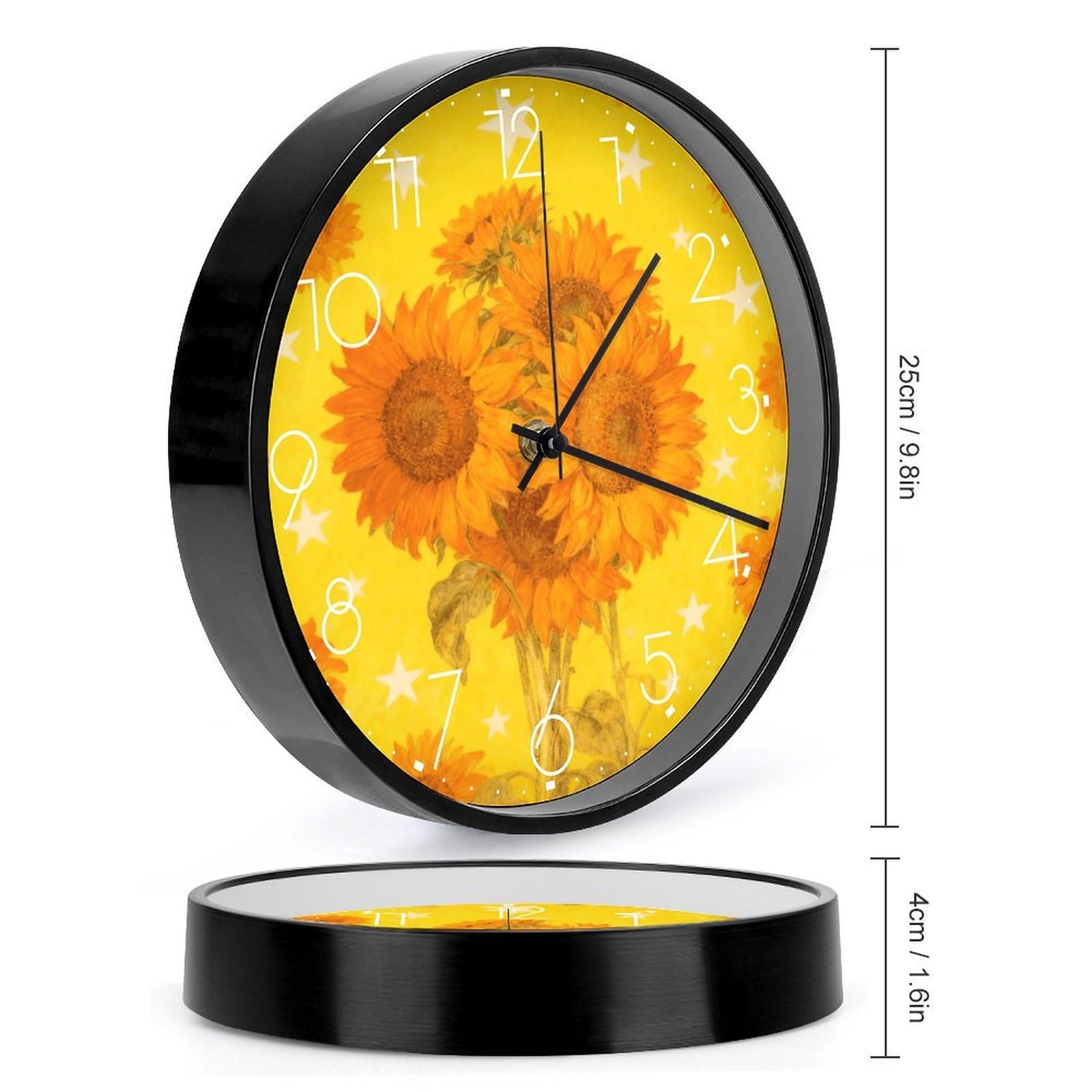 VIDI Horloge murale à motif tournesol et étoiles, horloge murale silencieuse à piles, 25,4 cm, horloge analogique moderne sans tic-tac, décoration pour cuisine, bureau, salle de bain, chambre à