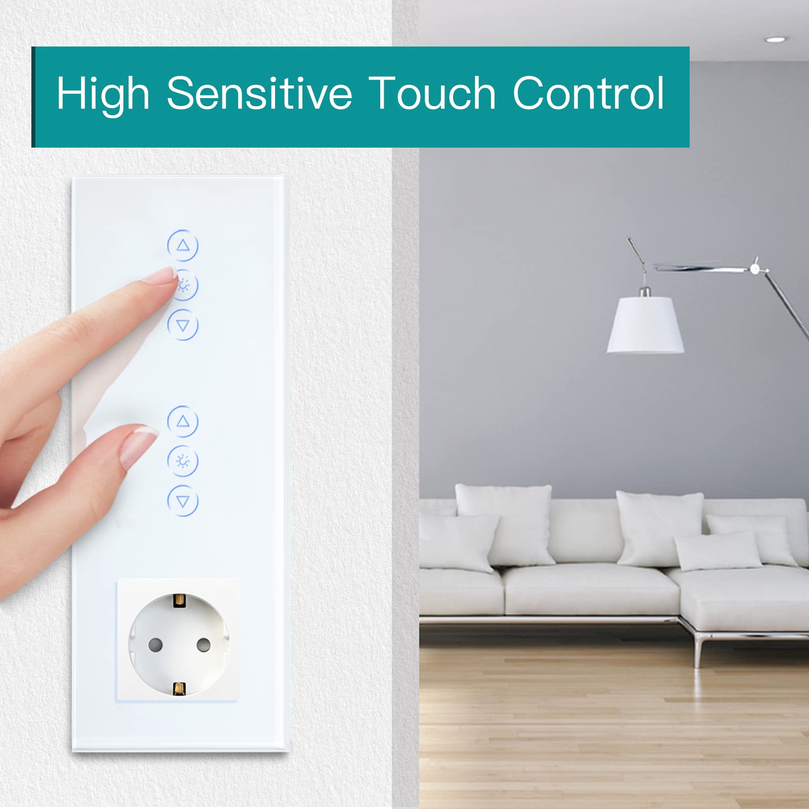 BSEED 16Amp Normal Steckdose mit Doppelt Smart Alexa Dimmer Lichtschalter Glas Wifi Touch Dimmerschalter (Neutrale Leitung benötigt)1 Fach 1 Weg, Kompatibel mit Tuya/Google Home/SAMRT LIFE Weiß