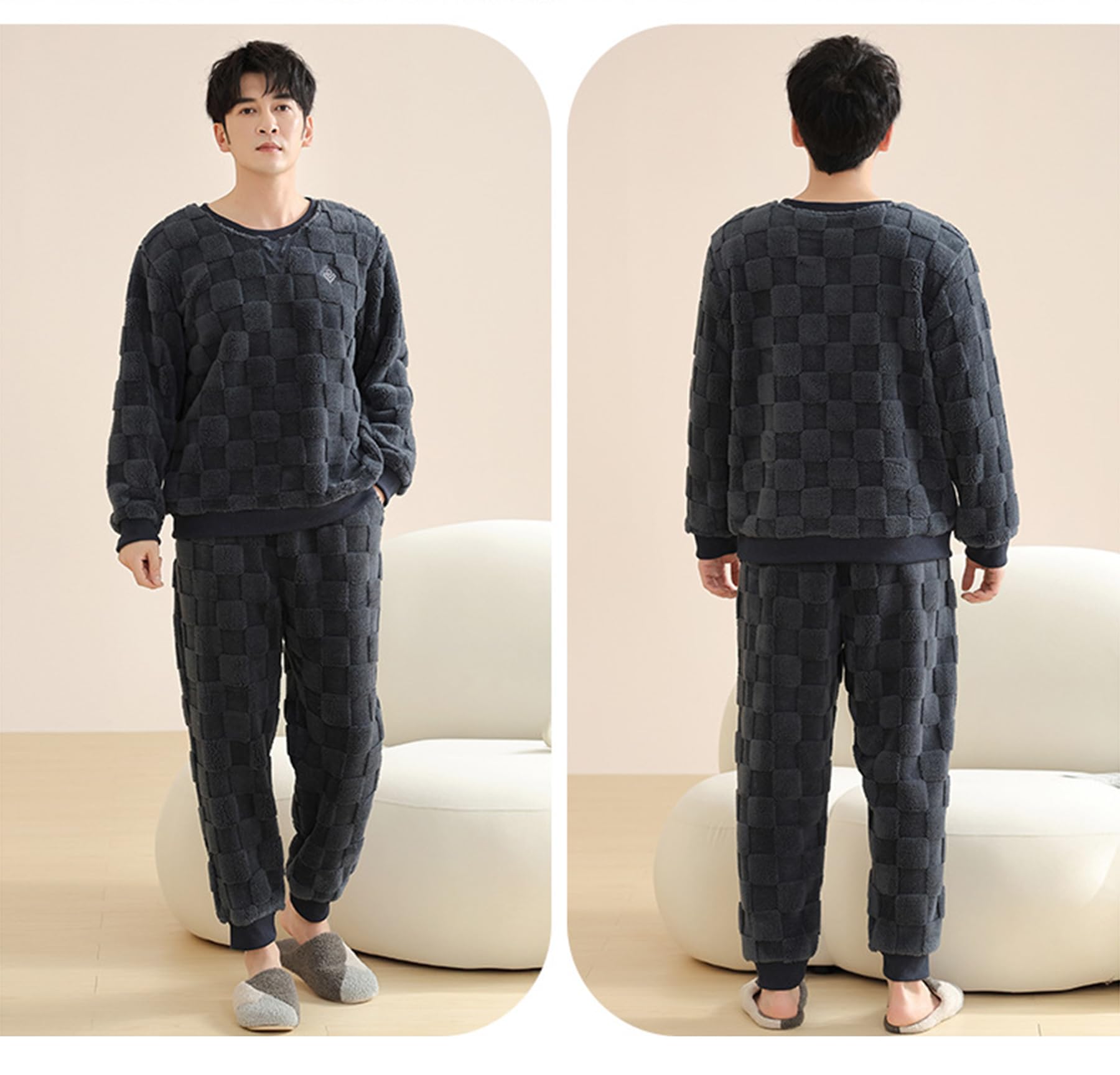 Set di Pigiami da Uomo Pigiama in Pile Corallo Autunnale e Invernale in 2 Pezzi Pullover Ispessito Vestito da casa Pigiama in Peluche Scozzese da Uomo,Steel Blue,XXL