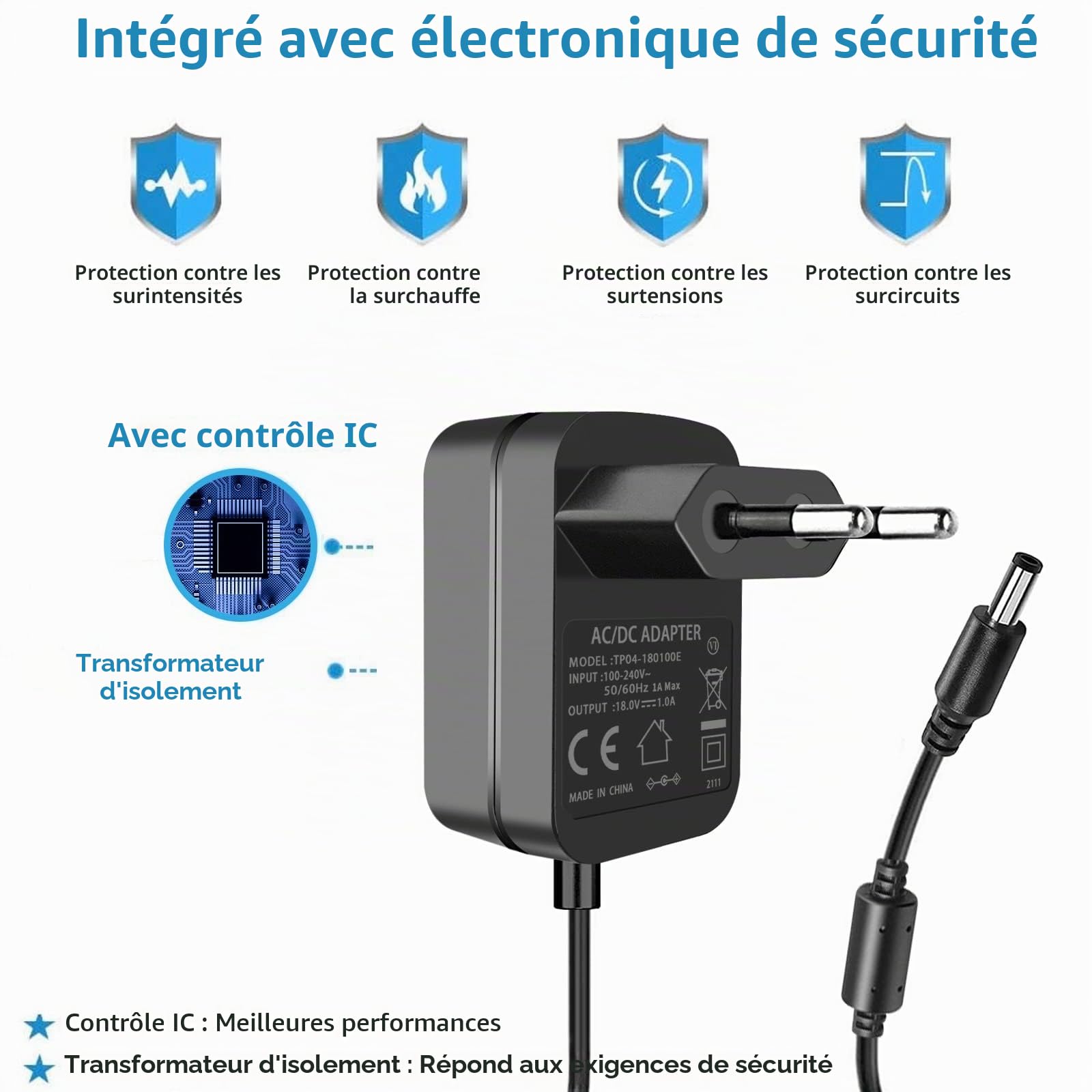Adaptateur d'alimentation 18V 1A Fiche Centre Positif DC 5.5x2.1mm AC 100-240V à DC 18V 1 Amp pour équipements 18Volt 100mA 200mA 300mA 400mA 500mA 600mA 700mA 800mA 900mA 1000mA