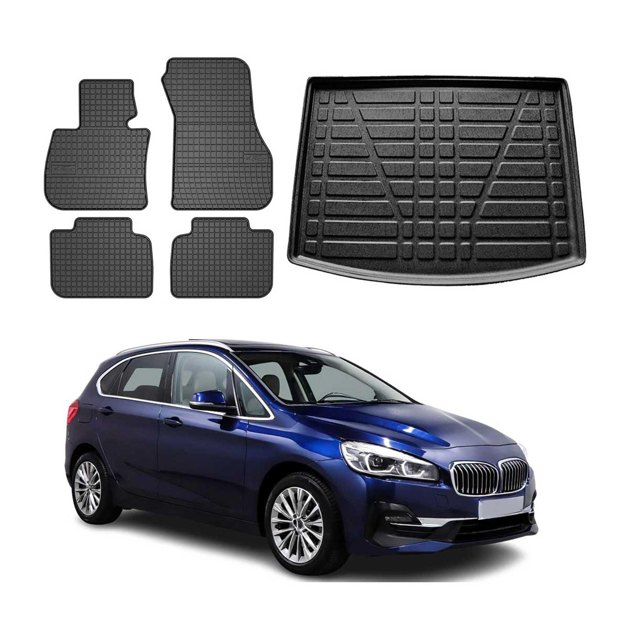 OMAC Fußmatten & Kofferraumwanne Set kompatibel mit BMW 2er Active Tourer F45 2014-2024 Gummi 5X