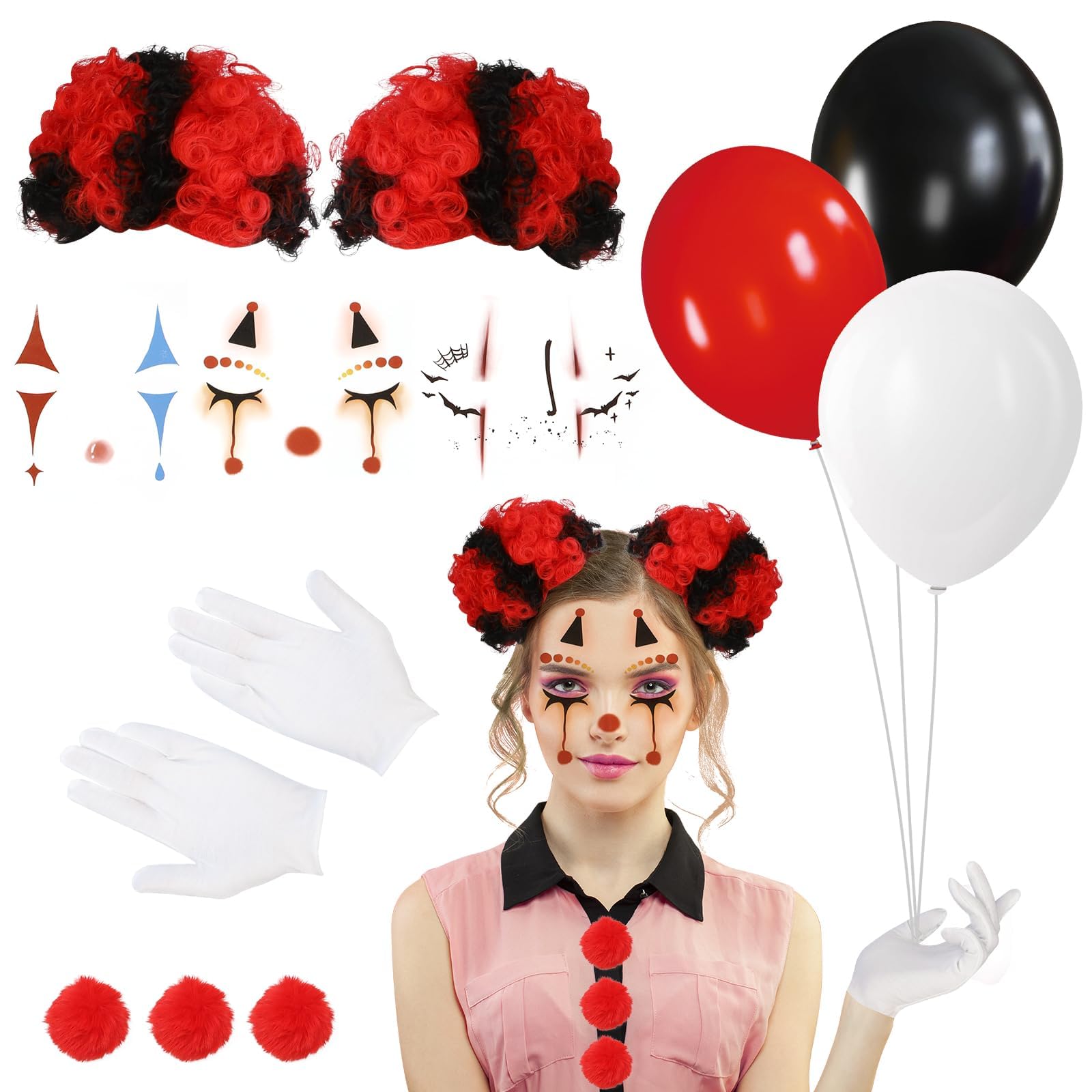13 Pcs Women's Horror Clown Halloween Costume Accessories Gloves Balloons Clown Red Black Hair Clip on Puff Buns Pompoms Face Stickers Tattoos Role Playing Party Events Halloween Horror Atmosphere