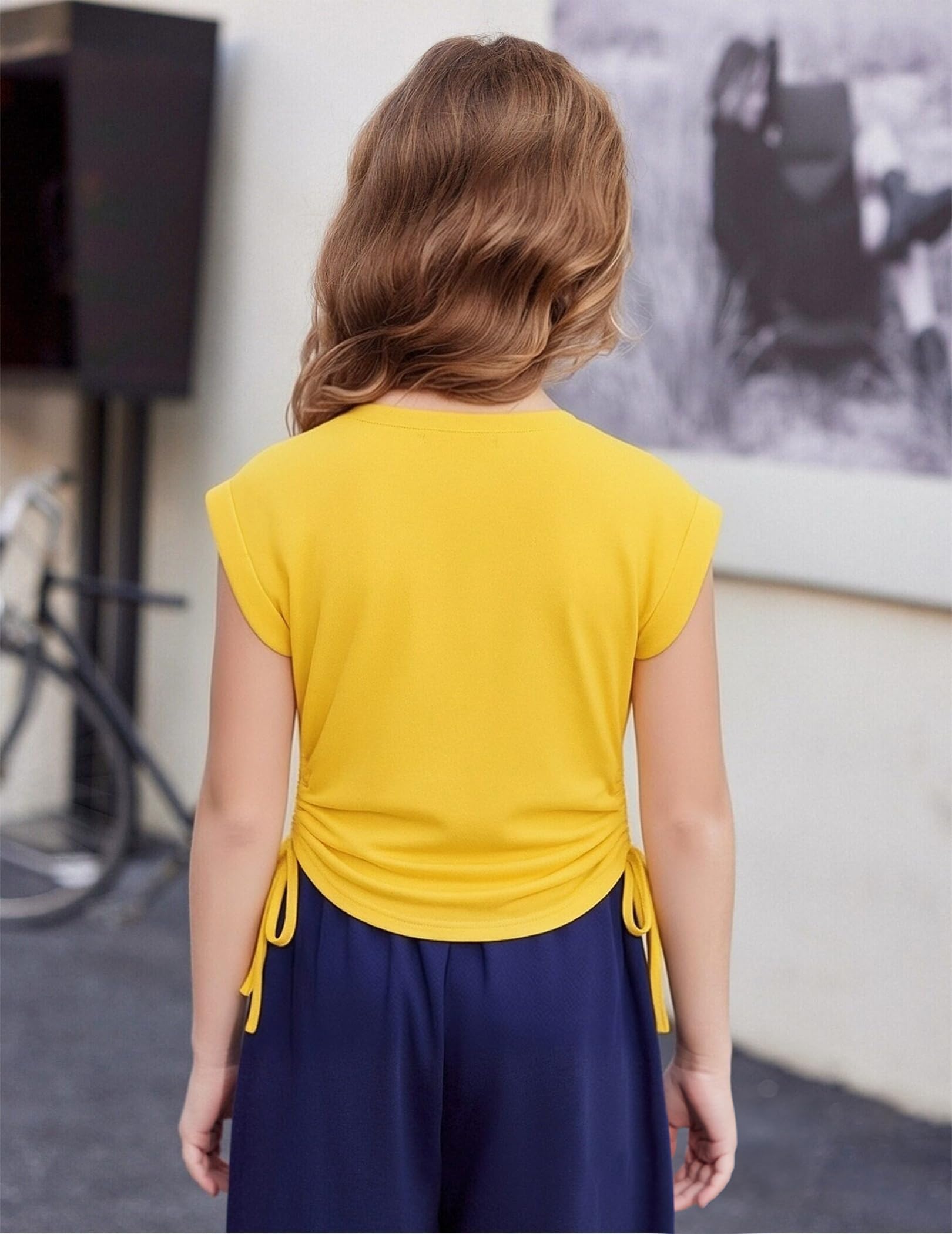 Arshiner Niñas Camisetas Manga Corta Extended Shoulder Niños Verano T-Shirt Algodón Cuello Redondo Manga Corta Shirt y Cordón para Niñas 6-14 Años
