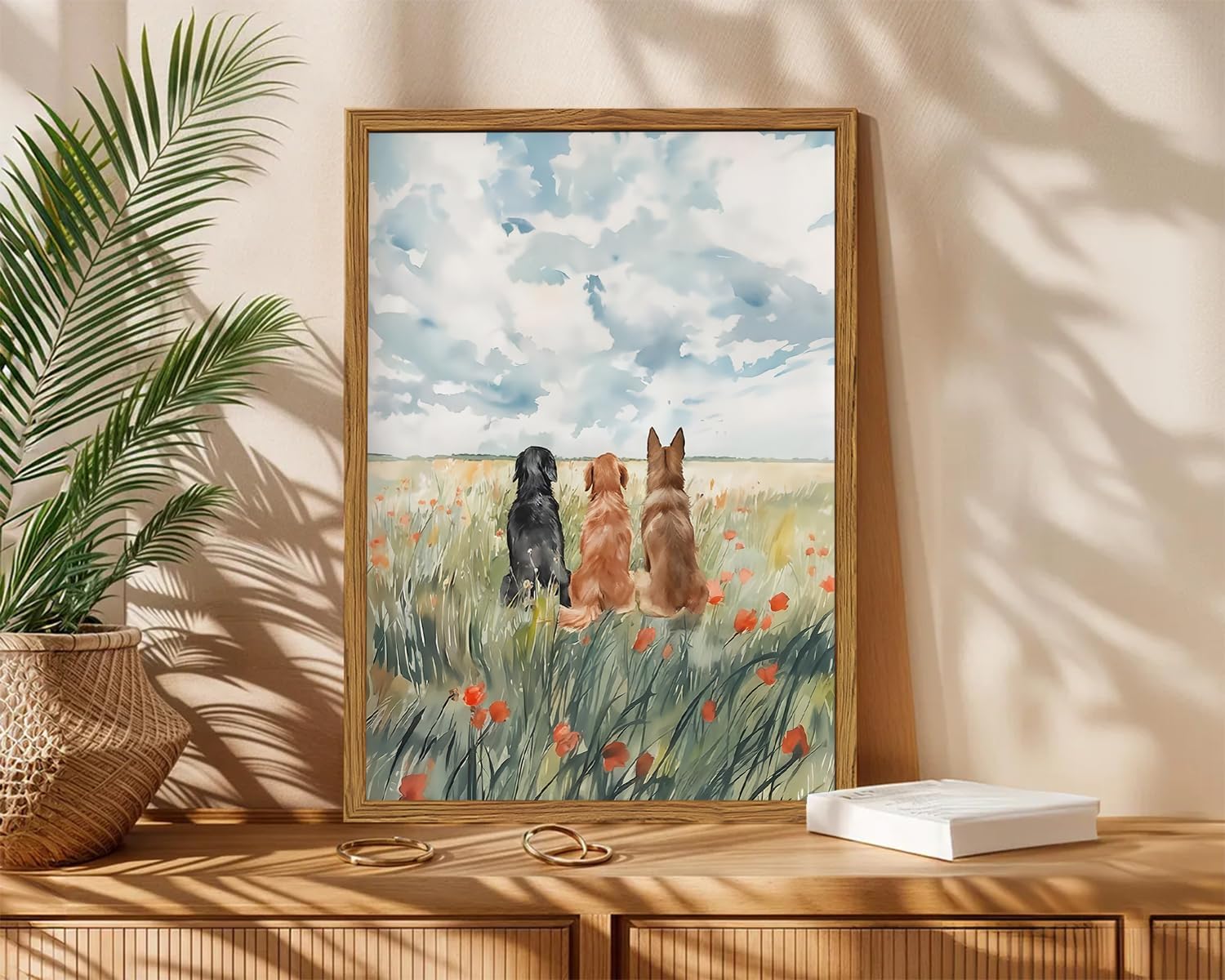 Cute Dogs in Flower Field Canvas Art Rustic Farmhouse Decor 12x16 inch