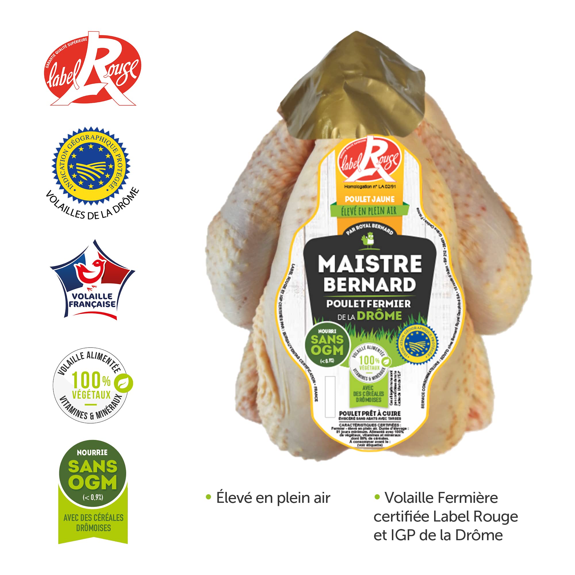 Royal Bernard - Assortiment Label Rouge - Colis de Viande de Poulet Fermier - 4 Produits Régionaux IGP de la Drôme - 1 Poulet Entier + 4 Cuisses + 2 Filets + 6 Ailes de poulet