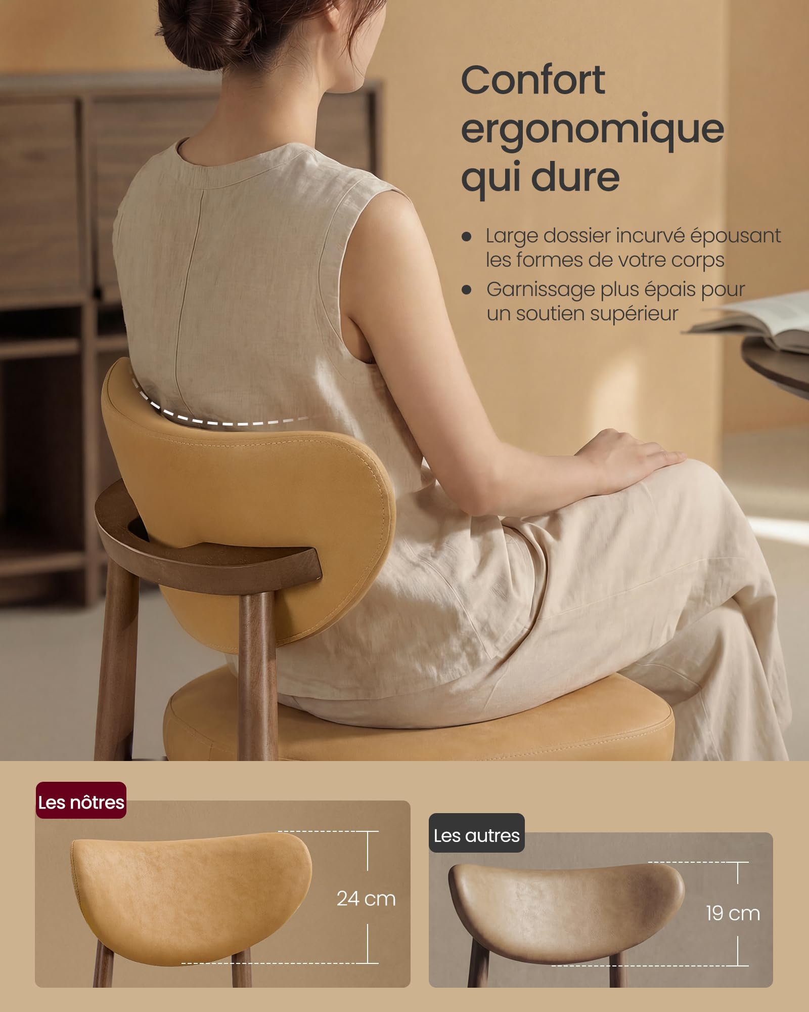 VASAGLE Tabourets de Bar, Bois Massif, avec Dossier, Lot de 2