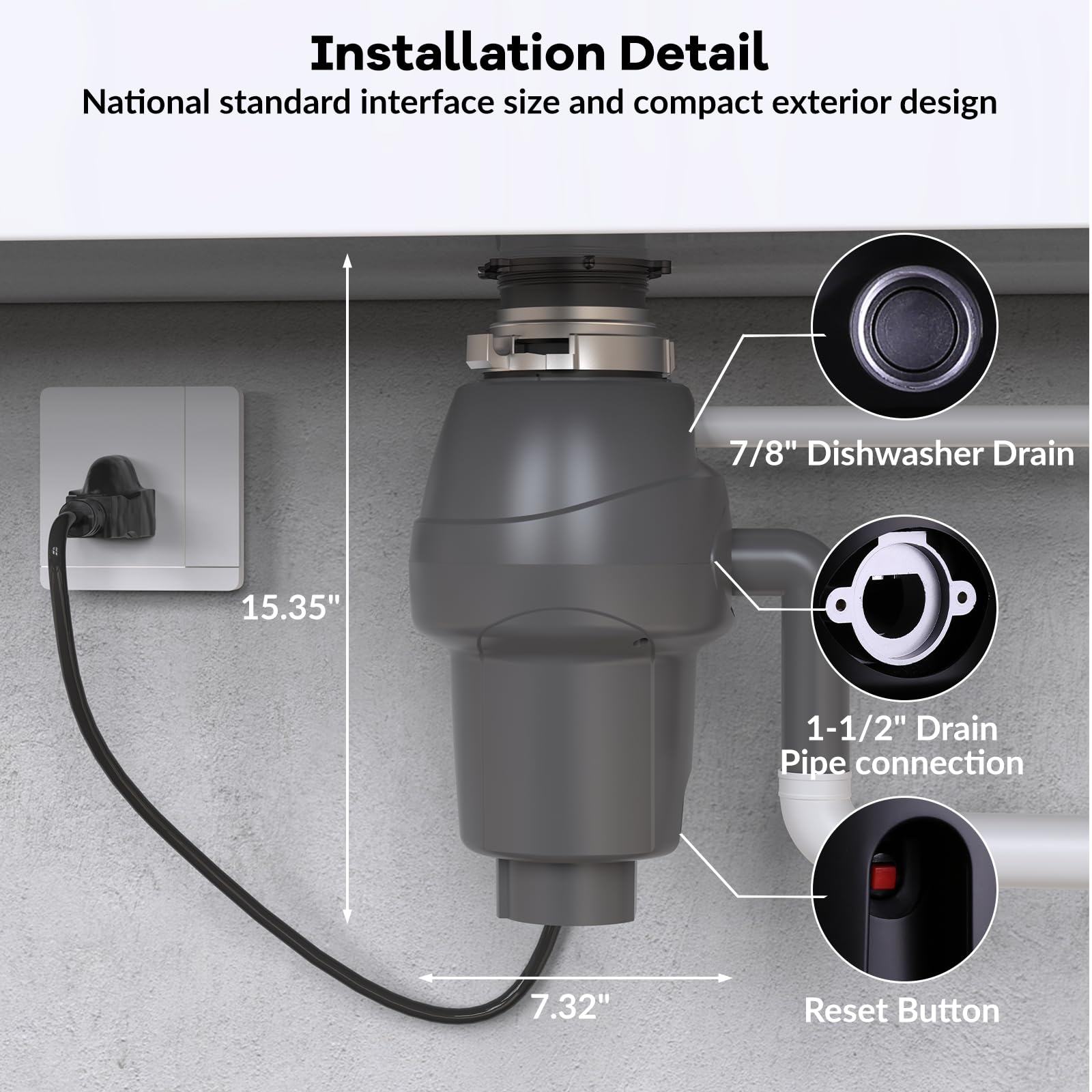 GarveeTech Triturador de basura de 1/2 HP, triturador de residuos de alimentos de alimentación continua con interruptor de aire y sello de brida, triturador de basura de acero inoxidable, triturador