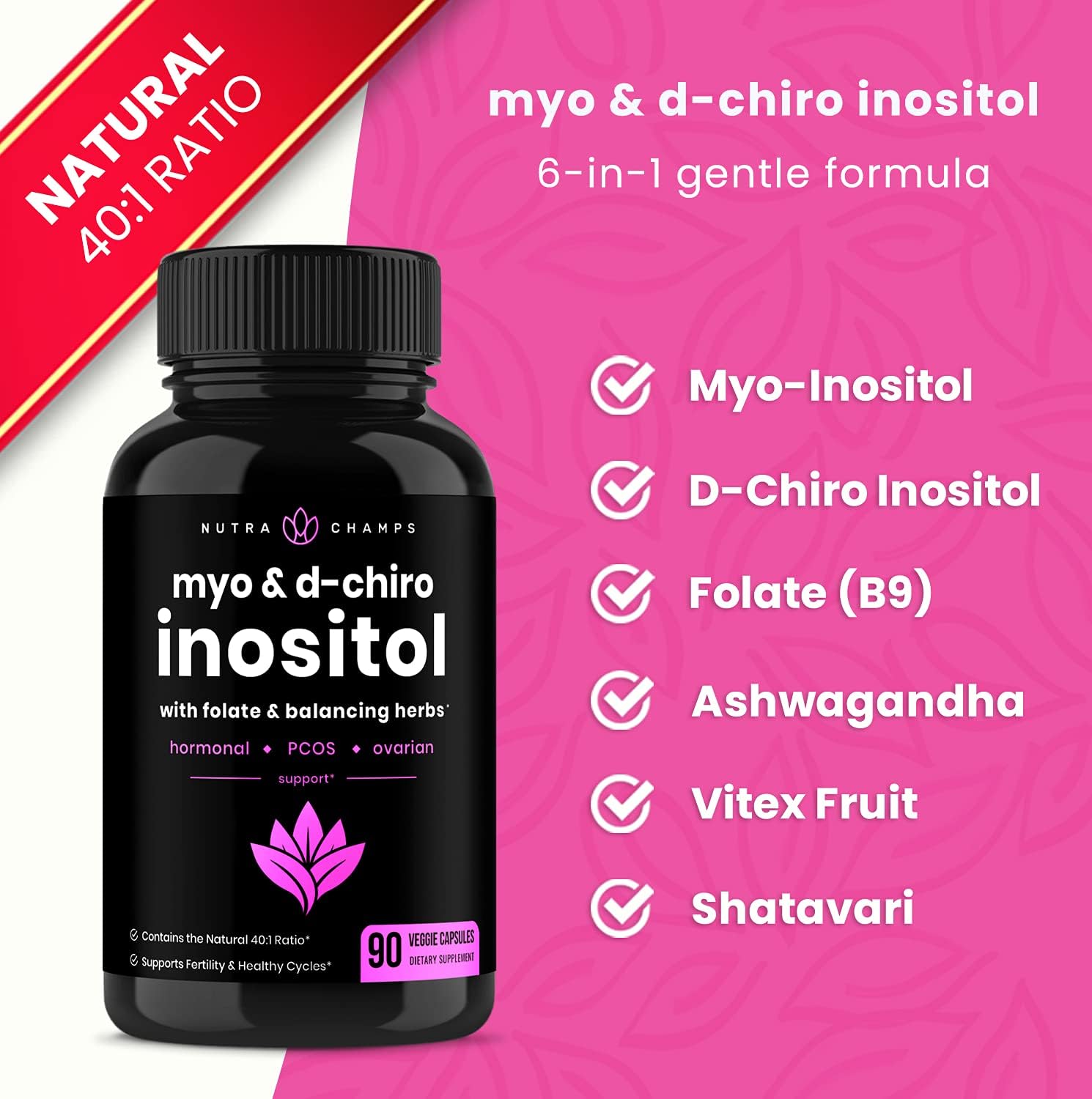 Myo-Inositol & D-Chiro Inositol Supplement [Natural 40:1 Ratio] B8 Powder Enhanced with Vitex & Folic Acid | Ovarian & PCOS Support + Fertility & Hormone Balance for Women & Men | 90 Vegan Capsules : Health & Household