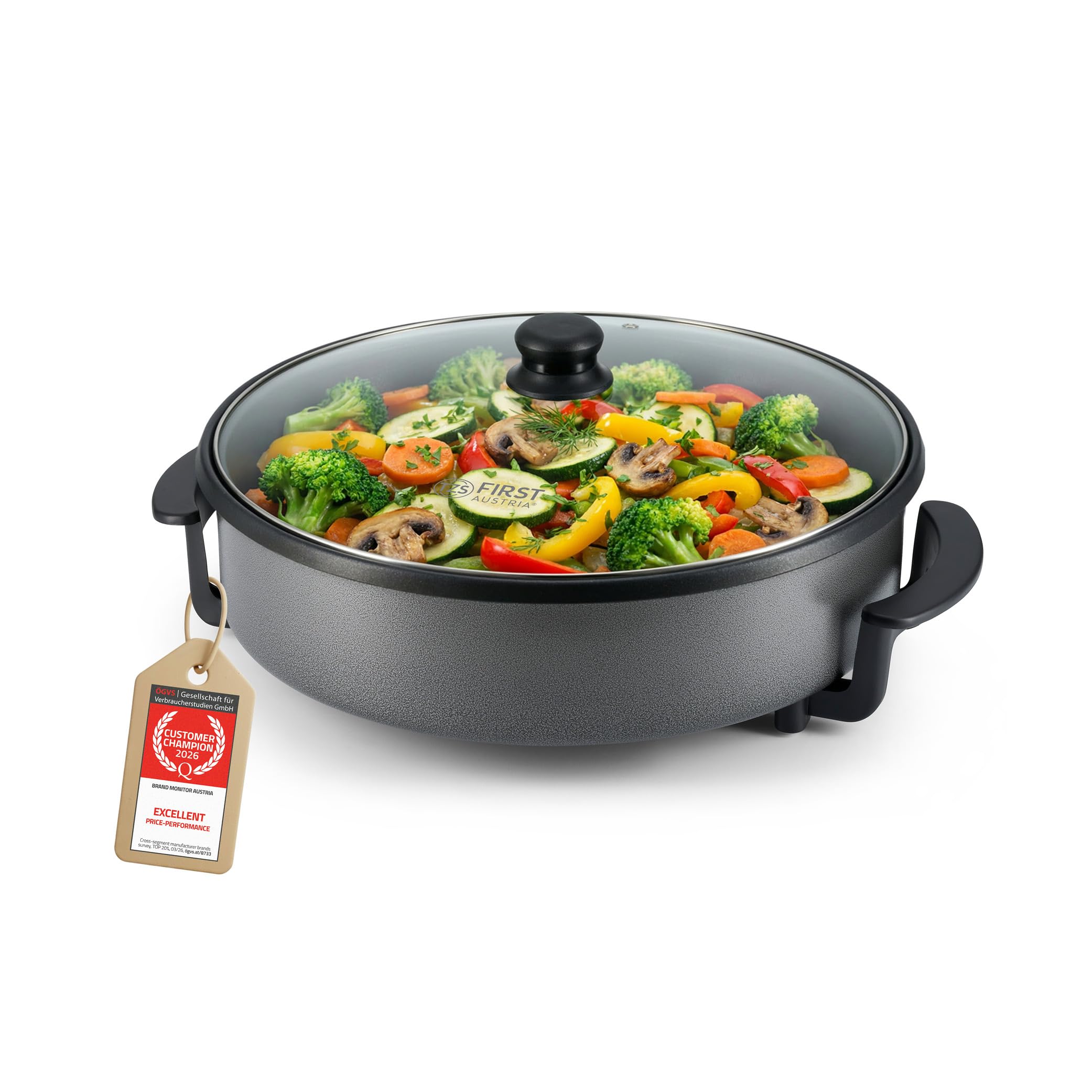 TZS First Austria - Poêle Électrique Multicuisseur 6,5L - Ø40cm - 1500W - Thermostat Réglable 5 Niveaux (jusqu'à 240°C) - Couvercle en Verre & Revêtement Antiadhésif - Idéal Fêtes et Paëlla - Gris