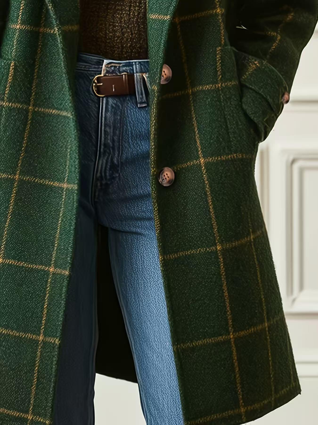 Women's Retro Plaid Lapel Coat, Mid-Length Casual Elegant Outerwear for Autumn Winter — view 6
