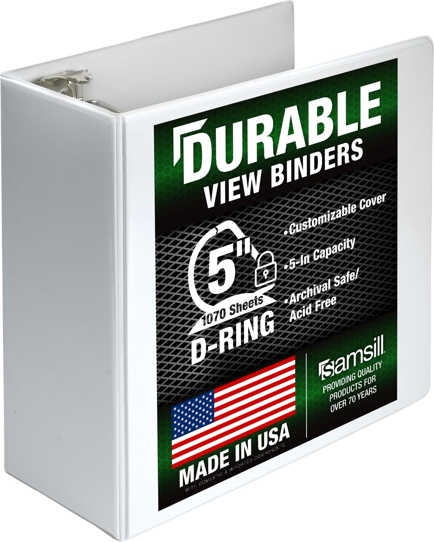 Samsill Durable 5 Inch 3 Ring Binder, D Ring Binder, Customizable Clear View, White, Holds 1070 Pages