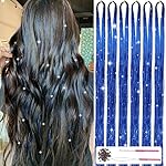 MISSUHUI Hair Tinsel Kit with Tools 47Inch 1200 Strands Fairy Hair Tinsel Heat Resistant Glitter Tinsel Hair Extensions Sparkling Shiny Hair Tinsel Strands Kit for Women Girls 6Pcs (Sapphire Blue)