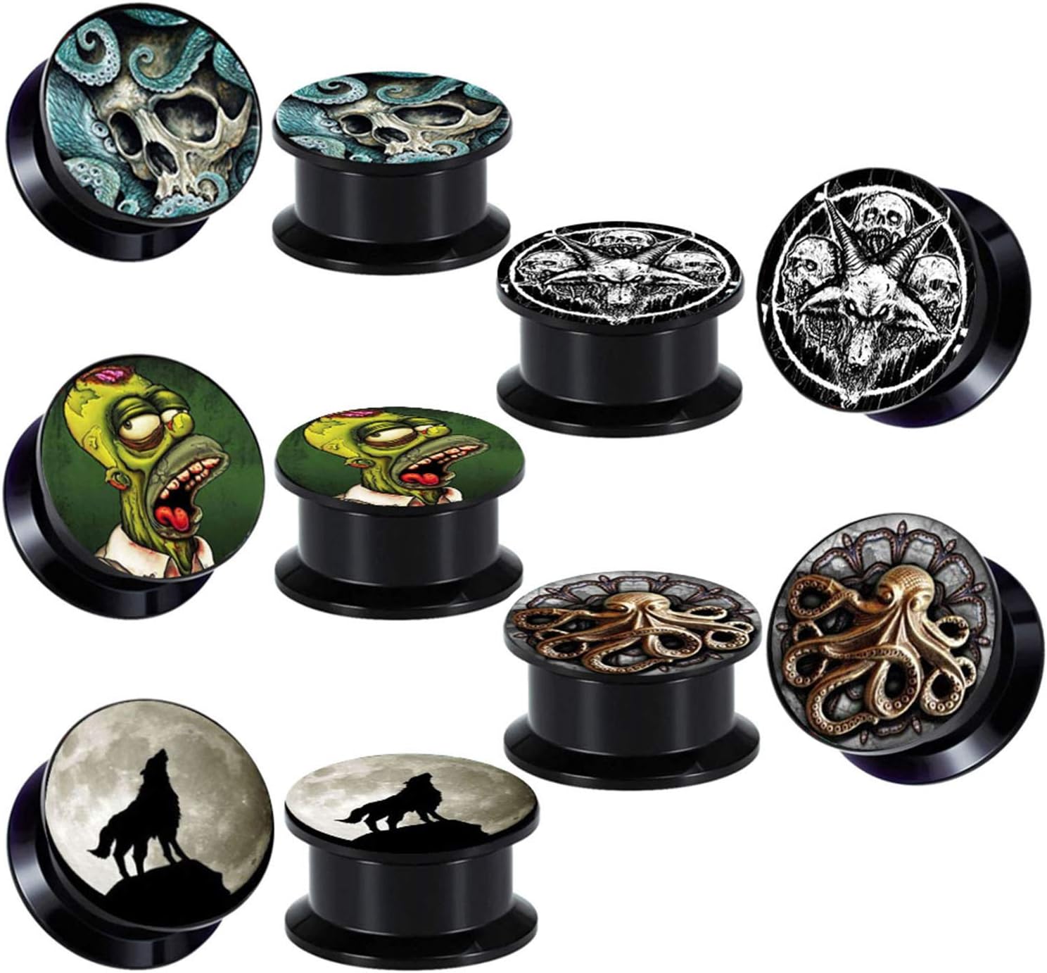 5 Pairs Skull Acrylic Ear Gauges Plugs and Tunnels Ear Stretcher Expander Double Flared Screw Plug Piecing
