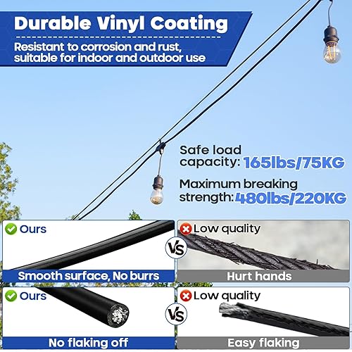 Miniatura 5 de TooTaci Cable de acero inoxidable recubierto de vinilo negro de 1/8, cuerda de alambre de 100 pies con 50 fundas de crimpado y 20 dedales, cable