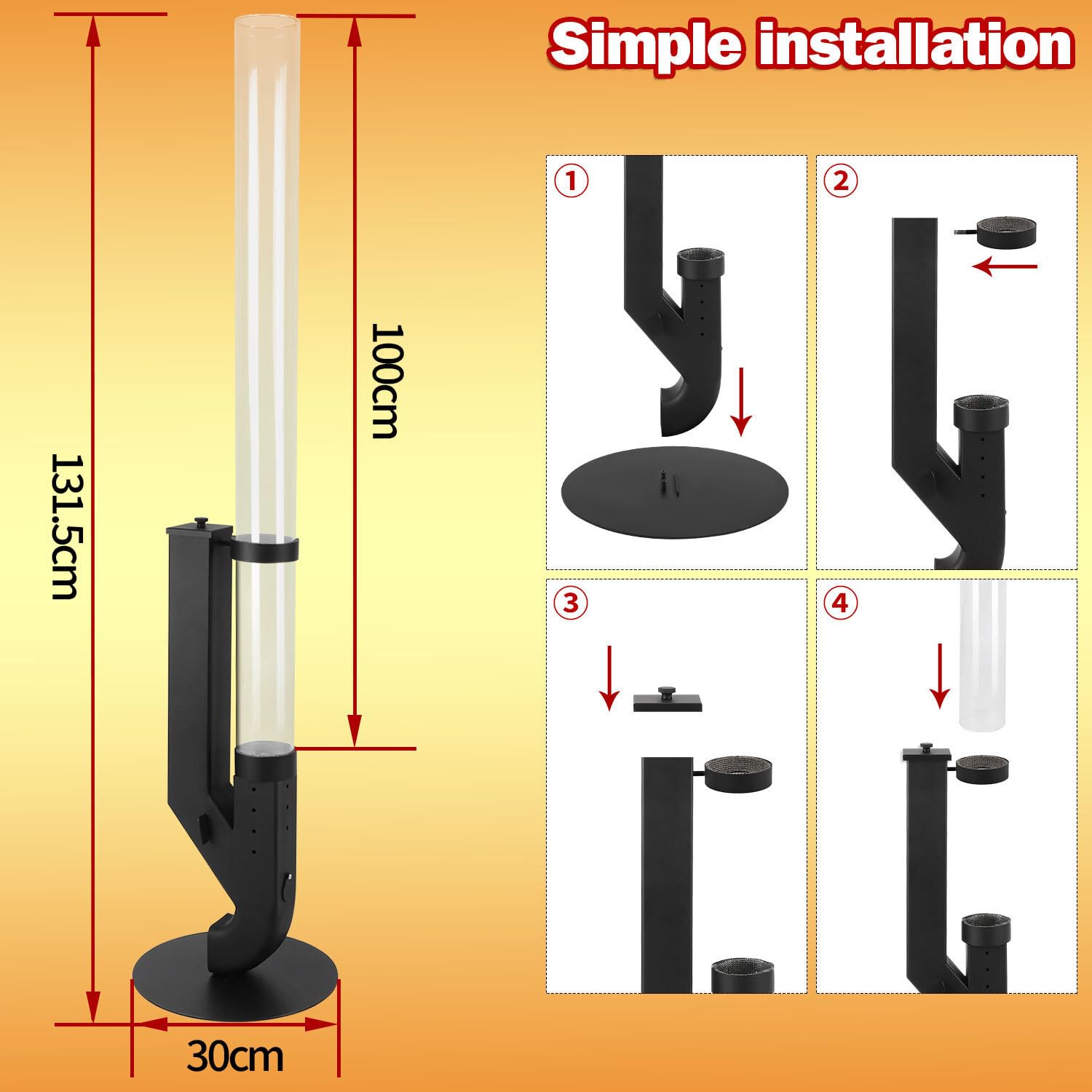 Torcia a pellet in acciaio inox con tubo in vetro 100 x 8 cm per esterni