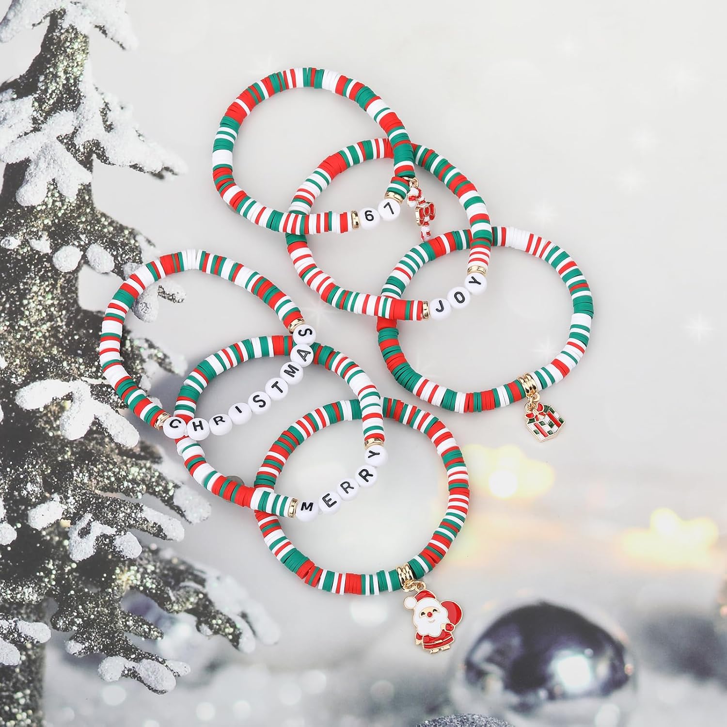 67 meme Santa Christmas Bracelets Earrings Set Red Green Stretchable Bracelet Merry Party Jewelry for Women image 4