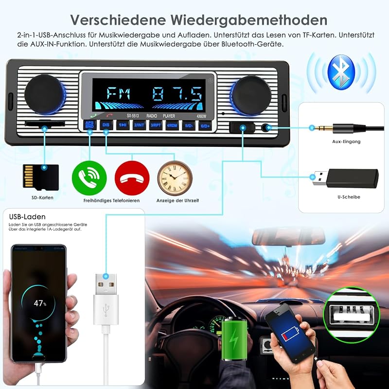 iFreGo Autórádió Bluetooth Kihangosítóval - 1 DIN, 7 Színű Háttérvilágítás, SD/TF/MP3/AUX, FM/AM, Gyorstöltés, 4x60W, Telefontartóval