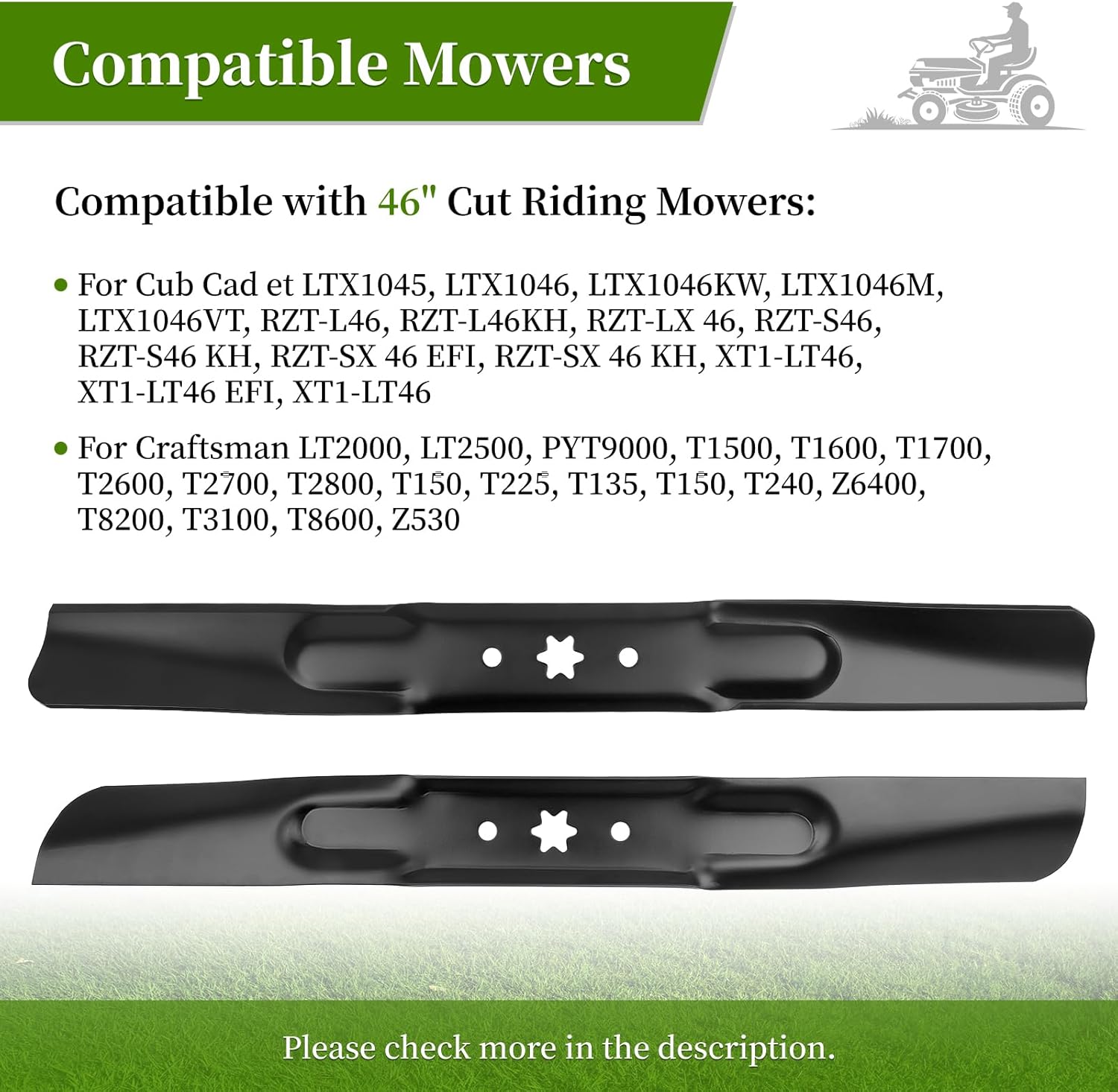 46 Inch Mower Blades 942-04244A for Cub-Cadet XT1-LT46 XT2 LTX1045 LTX1046, 942-04290 High Lift Blades Replace for 942-04244, 742-04244, 742-04244A, 742-04290, 2 Pack