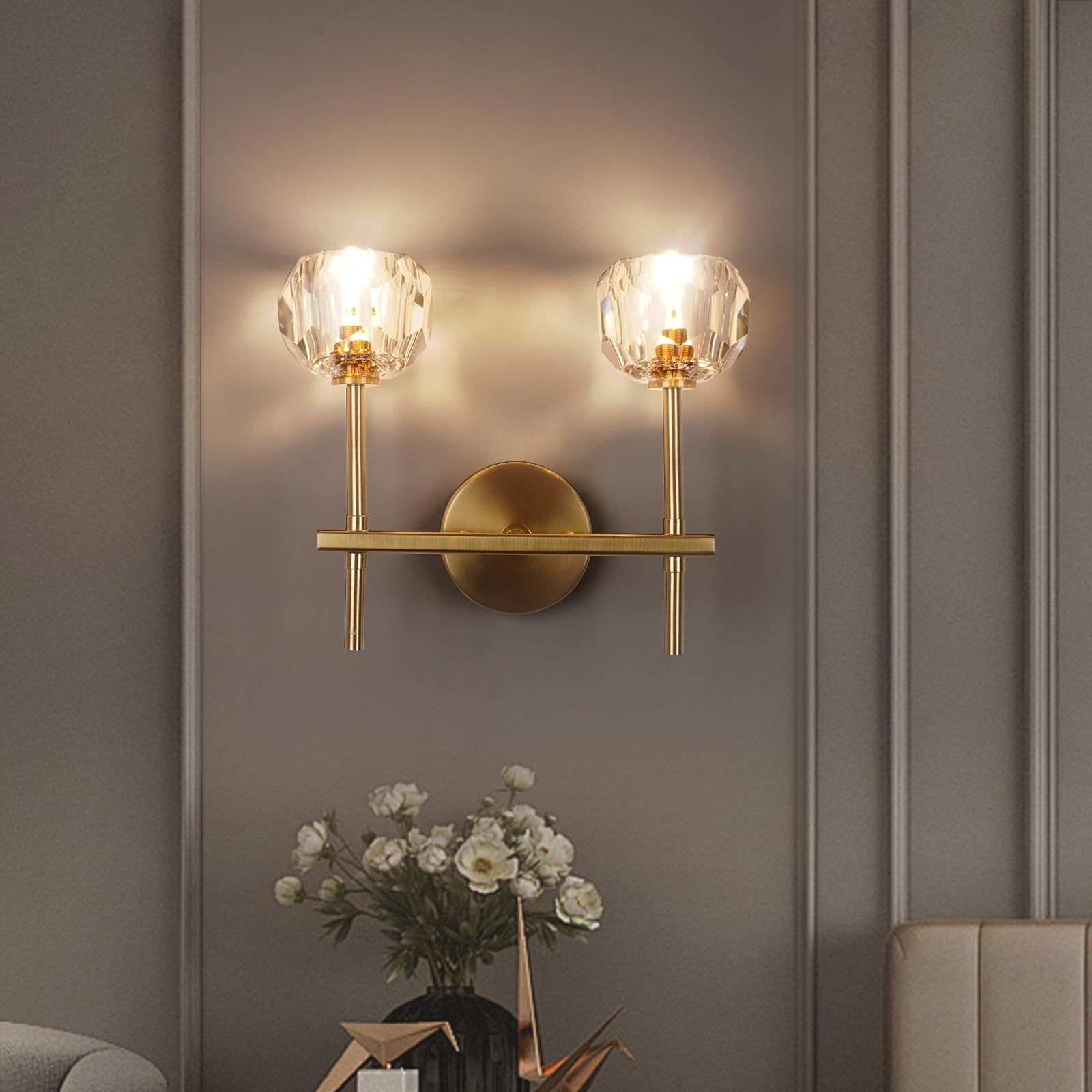 CRFASIBE Crystal Wall Lights, G9 Art Decor Wall Lamp, Indoor Antique Brass Crystal Lighting Fixtures for Living Room Bedroom