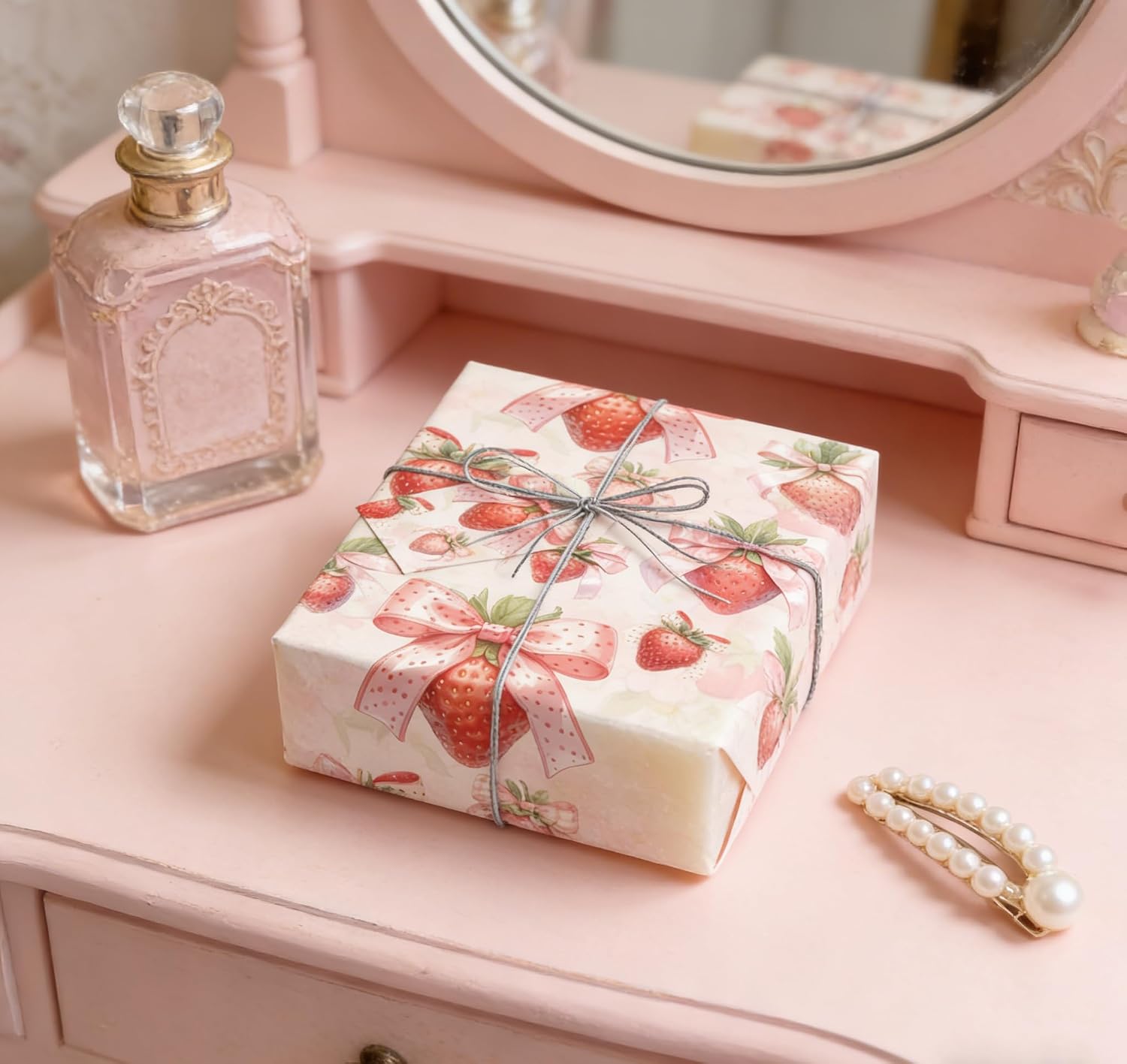 UNTROCHU Strawberry Wrapping Paper Roll for Girls Women - Pink Watercolor Strawberries Design Bow Gift Wrap for Kids Birthday,Baby Shower,Holiday,Parties,Wedding,Bridal Shower - 17 in x 16.5 ft