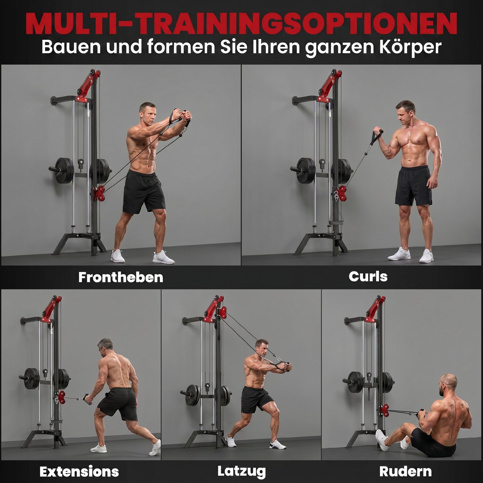 SPORTNOW Latzugstation 16-Fach Verstellbar zur Wandmontage Latzugturm inkl. Latzugstange Griffstange Seilzug Latzugmaschine bis 120kg Fitnessstation Kabelzugstation Latzug-Station Kraftstation