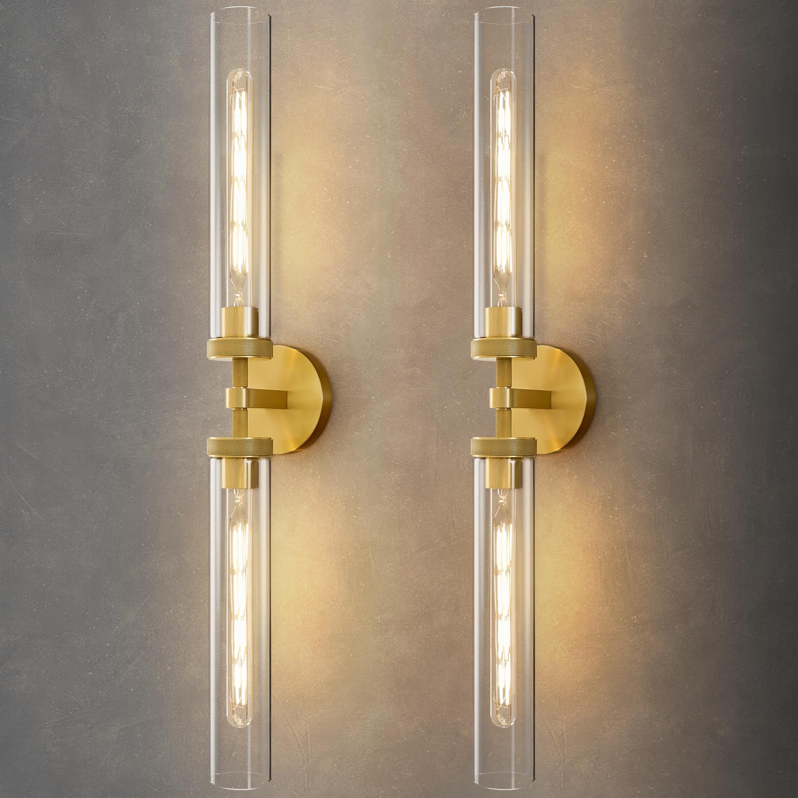 Photo 1 of Knurled Brass Tube Wall Sconce - Set of 2 Luxury Modern Dimmable Sconces with Bulbs - Gold Glass Vanity Light Fixture - Vertical or Horizontal Mounted Indoor Lighting for Bathroom Bedroom Living Room