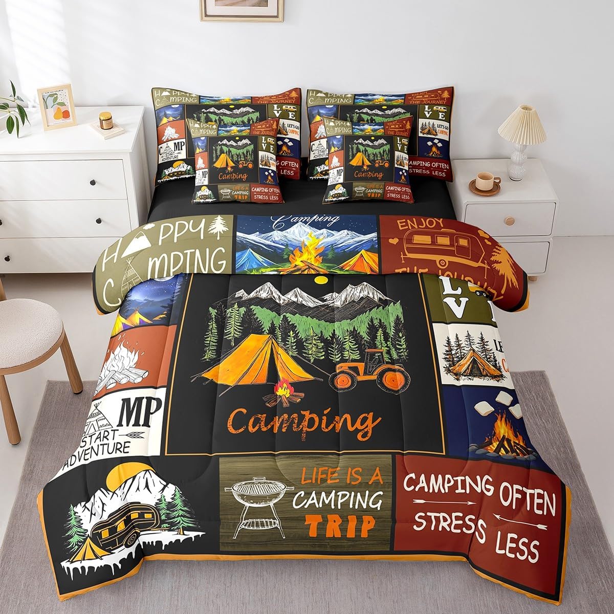 Erosebridal 7 Piece Kids Camping Queen Comforter Set,Rustic Cabin Decor Rv Camper Bedding Set for Travel Trailers Accessories,Buffalo Plaid Bed Set with Sheets,Woodland Bed in a Bag with Pillowcases