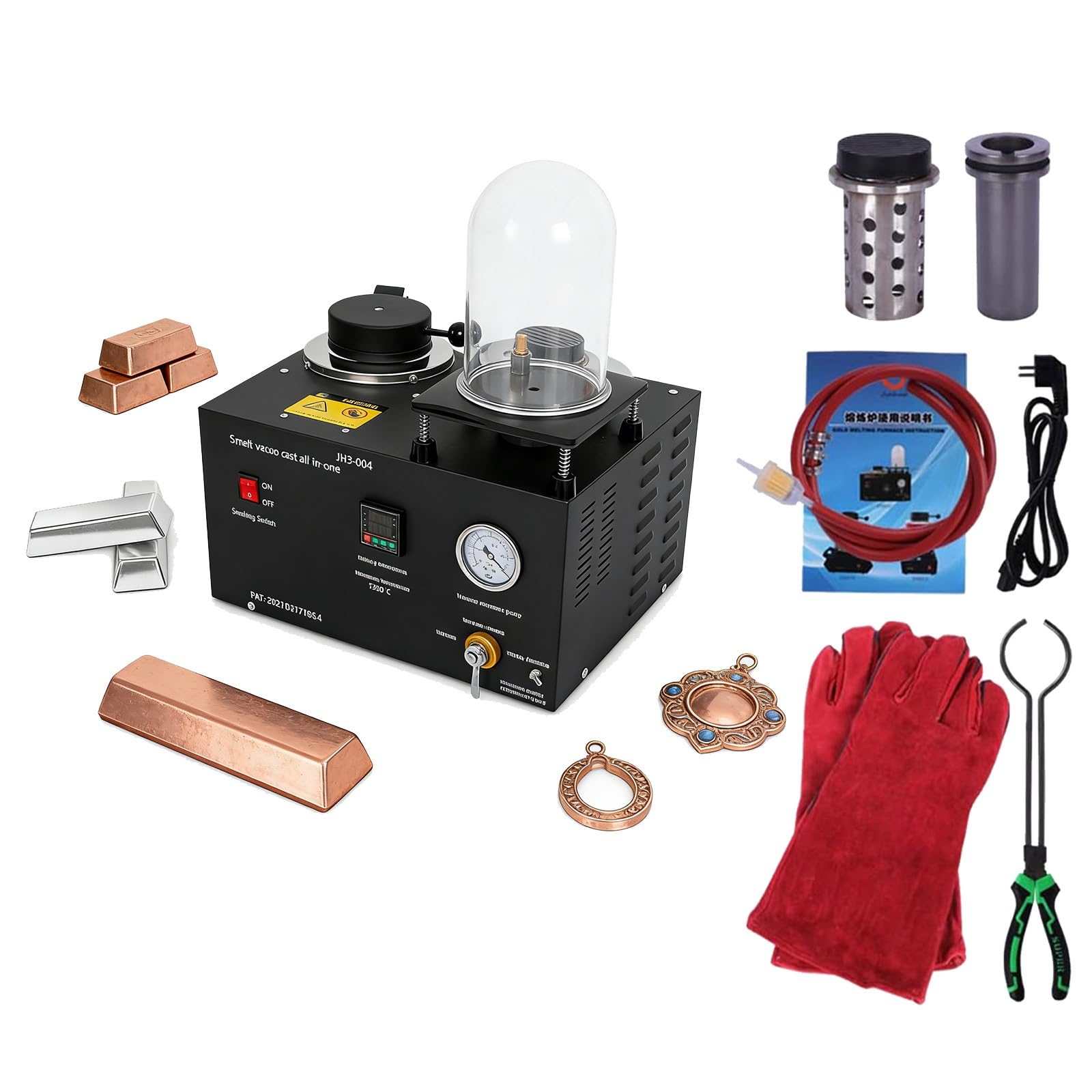 Maszyna Do Odlewania Próżniowego 3 Kg, Zestaw Do Odlewania Metodą Traconego Wosku Z Rękawicami Tyglowymi, Piec Do Topienia Metalu 1500 W / 1750 W, Sterowanie Cyfrowe 1250 ℃