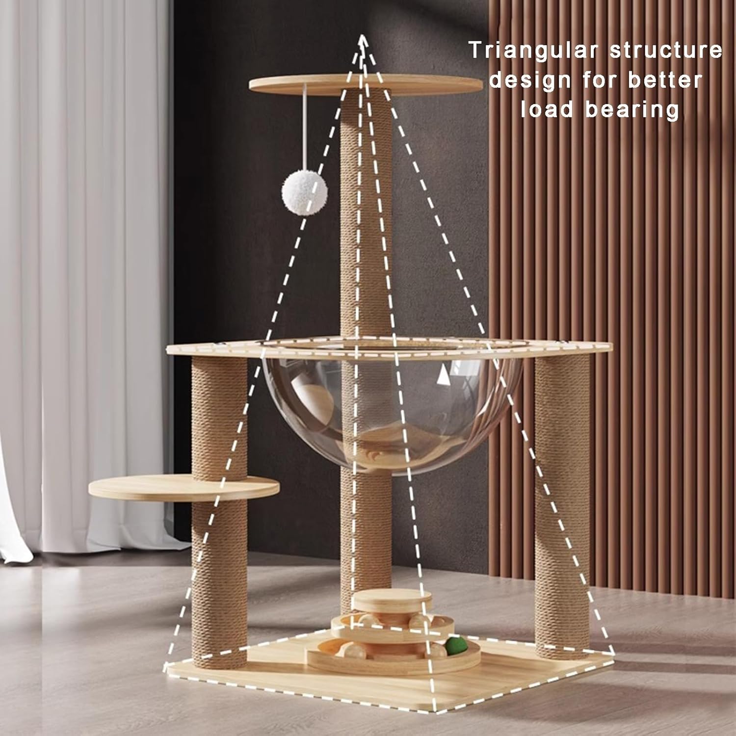 Floor-to-Ceiling 3 Tier Cat Tree 24.7”Tall Indoor Cats Tower with Observation Deck Acrylic Transparent Cat-Nest in Bowl Jumping Platform Solid Bottom with 2 Tier Turntable Balls