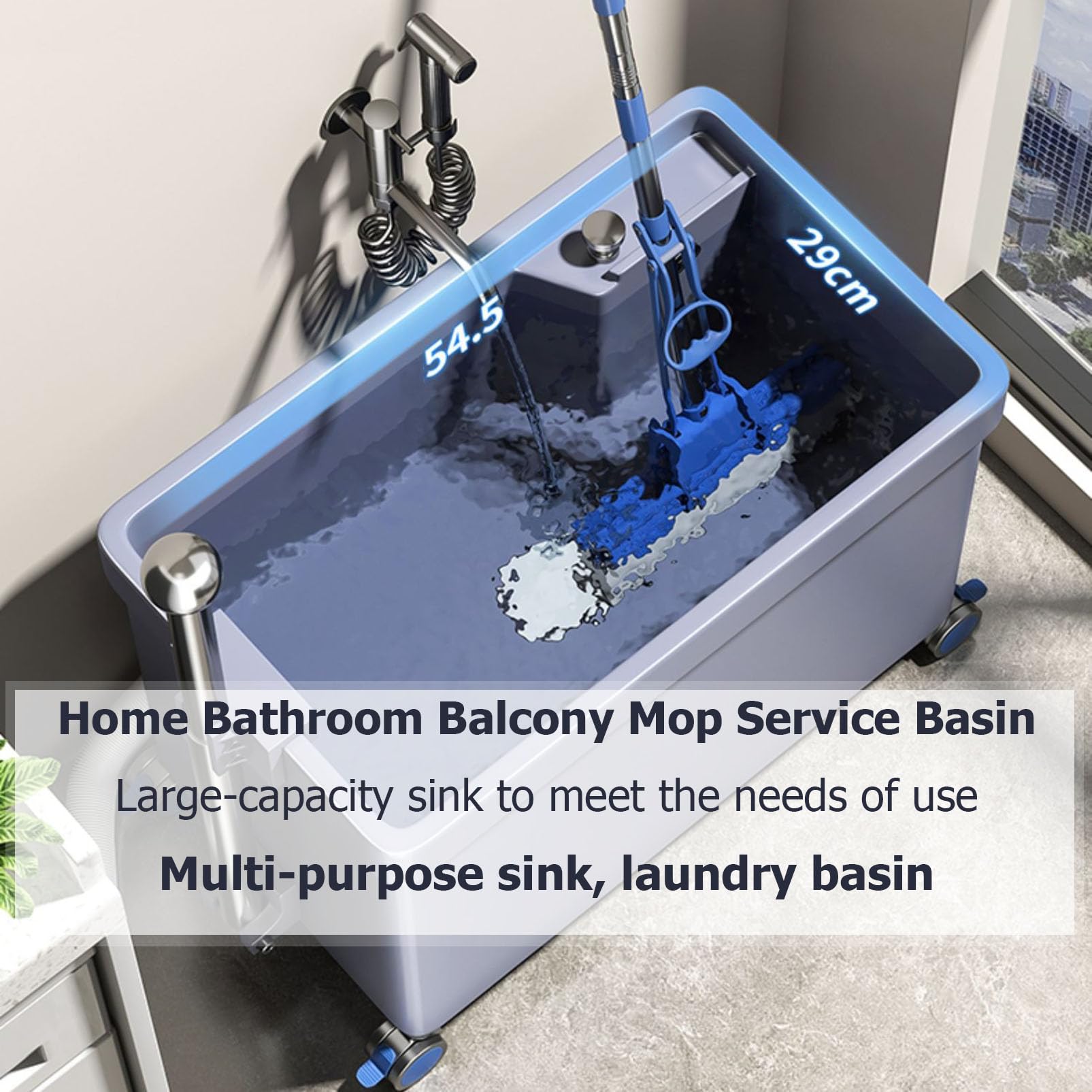 Lavello commerciale mobile con ruote, lavello multiuso con manico e scarico a un pulsante, vasca per lavanderia di grande capacità, lavabo per lavaggio a pavimento