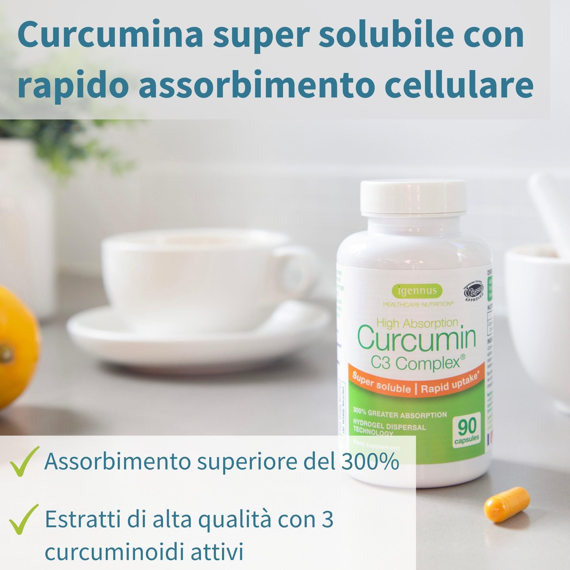 Igennus Curcumin C3 Complex Ultra Solubile, Senza Pepe Nero, Assorbimento Rapido e Superiore +300% rispetto alla Curcumina Classica, Estratto Standardizzato al 95%, 90 Capsule Vegane, 1 al giorno