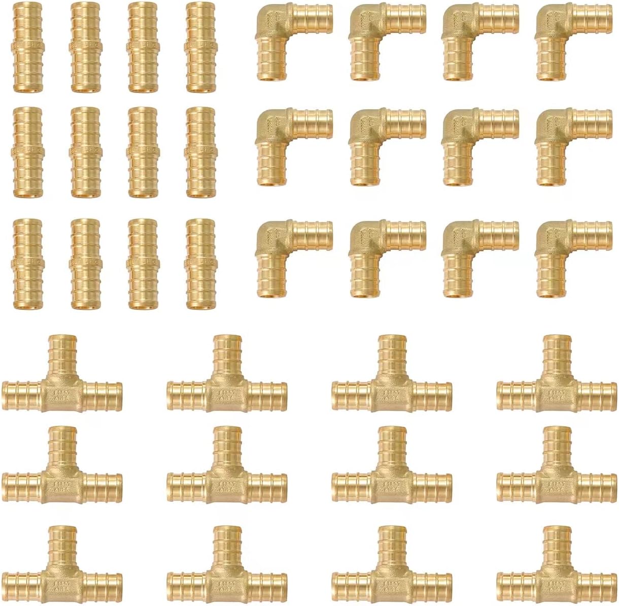 48-Pack EFIELD 1/2" Barb Pex Brass Crimp Fittings 16 Pieces each: Tee, Elbow and Coupling For Pex Tubing Connection, ASTM F1807, (1/2-inch),(PEX1807489)