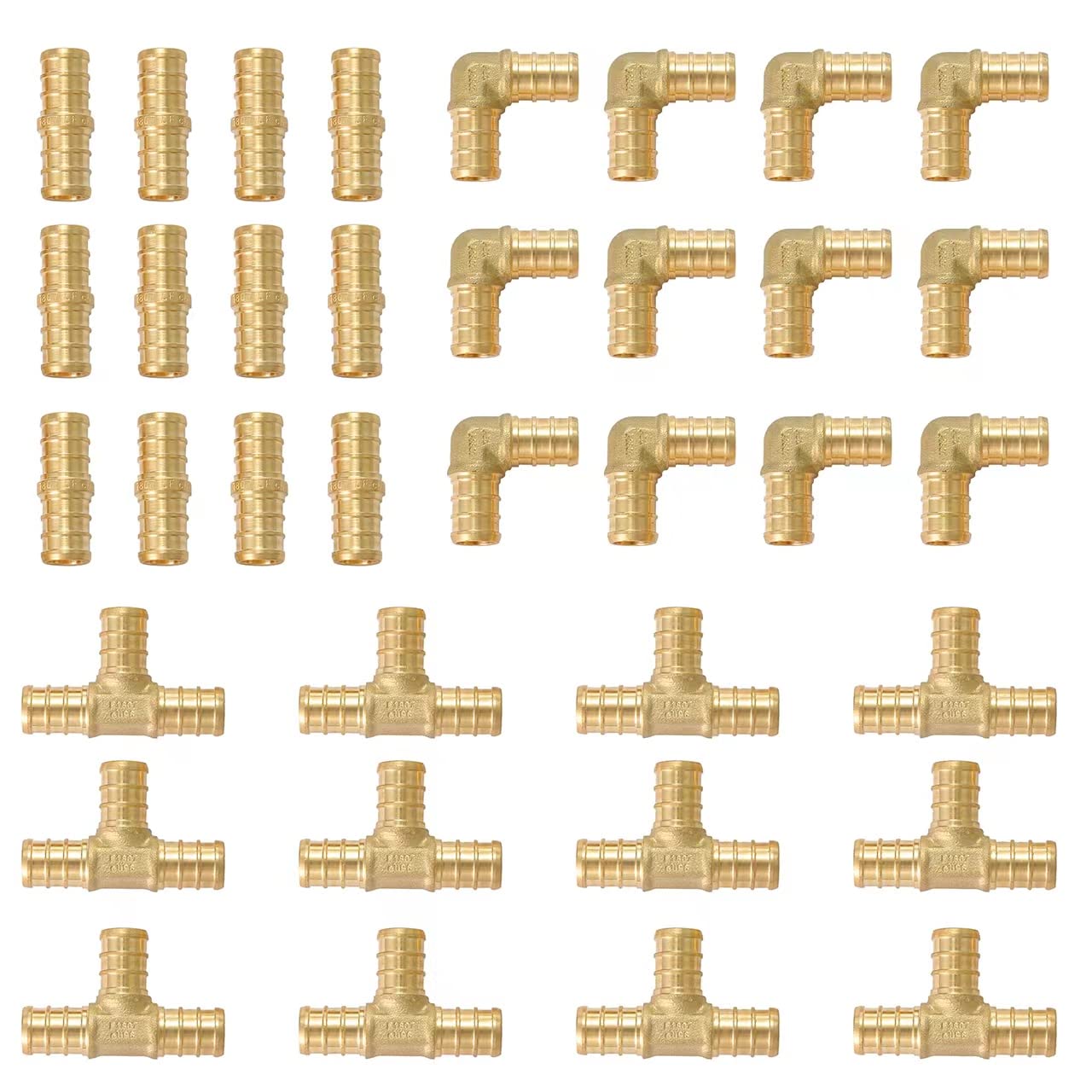 48 Stück PEX Crimp Fittinge 3/4 Zoll – Winkel, Kupplung, T-Stück (je 16), Bleifrei Aus Messing