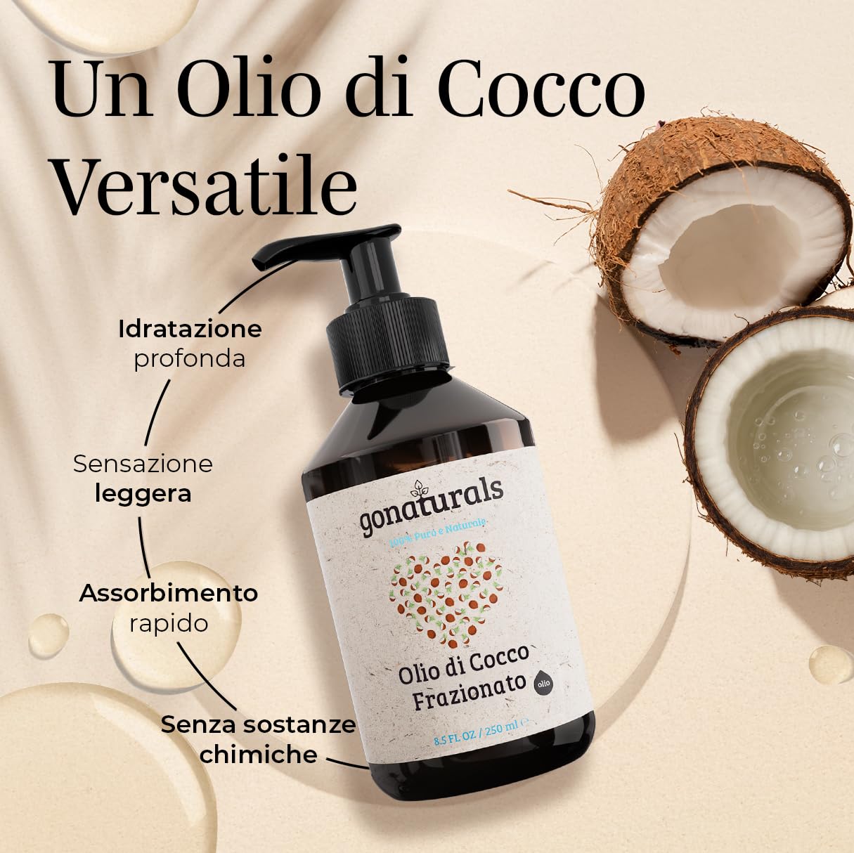 GoNaturals® Olio di Cocco Frazionato 100% Puro – Leggero e Non Unto – Olio di Cocco Capelli, Corpo, Viso – Olio Vettore per Oli Essenziali e Aromaterapia – Inodore e Sempre Liquido – 250 ml