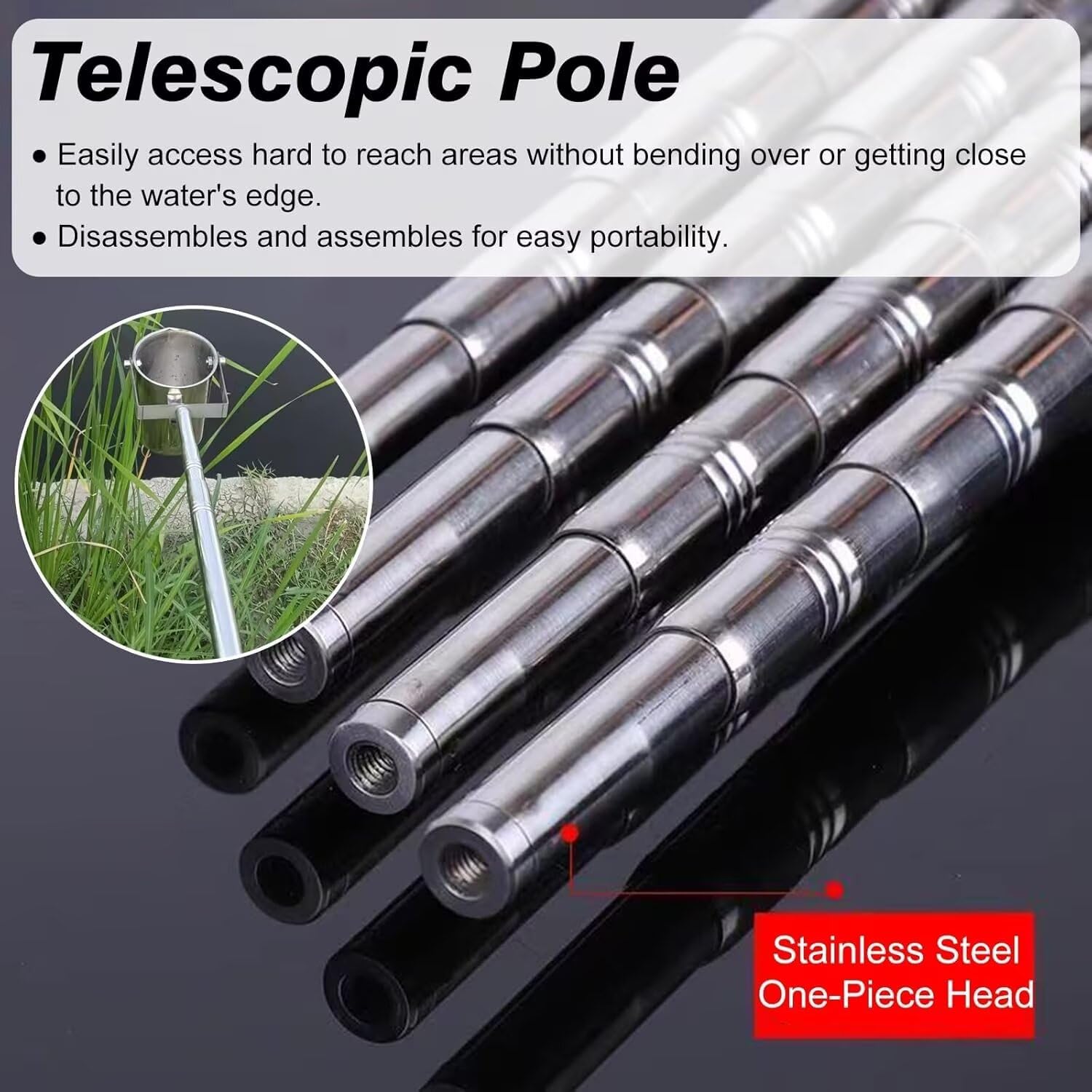 Pértiga telescópica de acero inoxidable for muestreo de agua,cucharón extensible análisis de agua,muestreo de laboratorio y monitoreo ambiental,varilla de recolección retráctil.