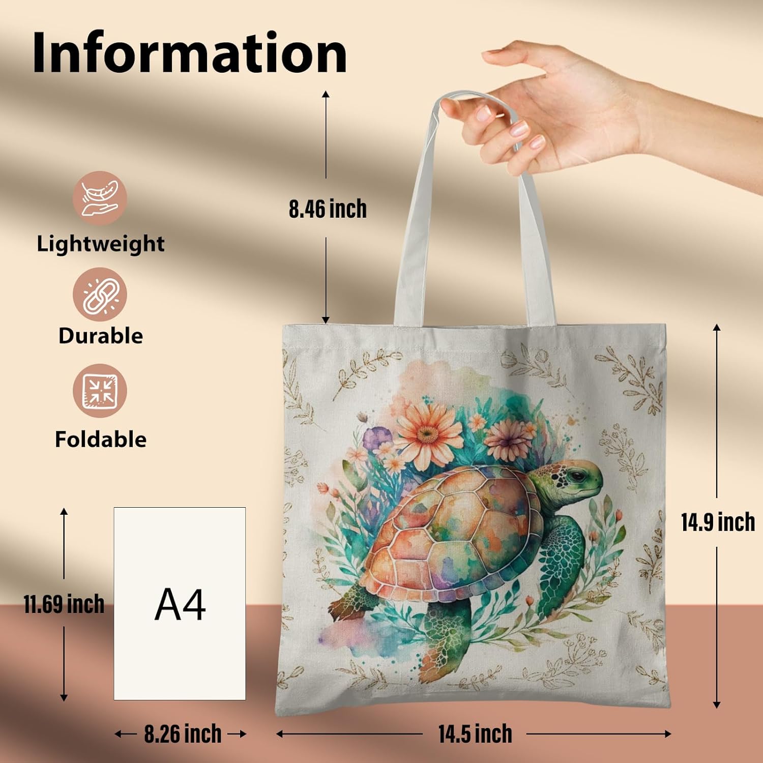 Summer Beach Tote - Floral Sea Turtle Canvas Tote, Women's Turtle Lovers Gift, Reusable Grocery Bag - Image 6